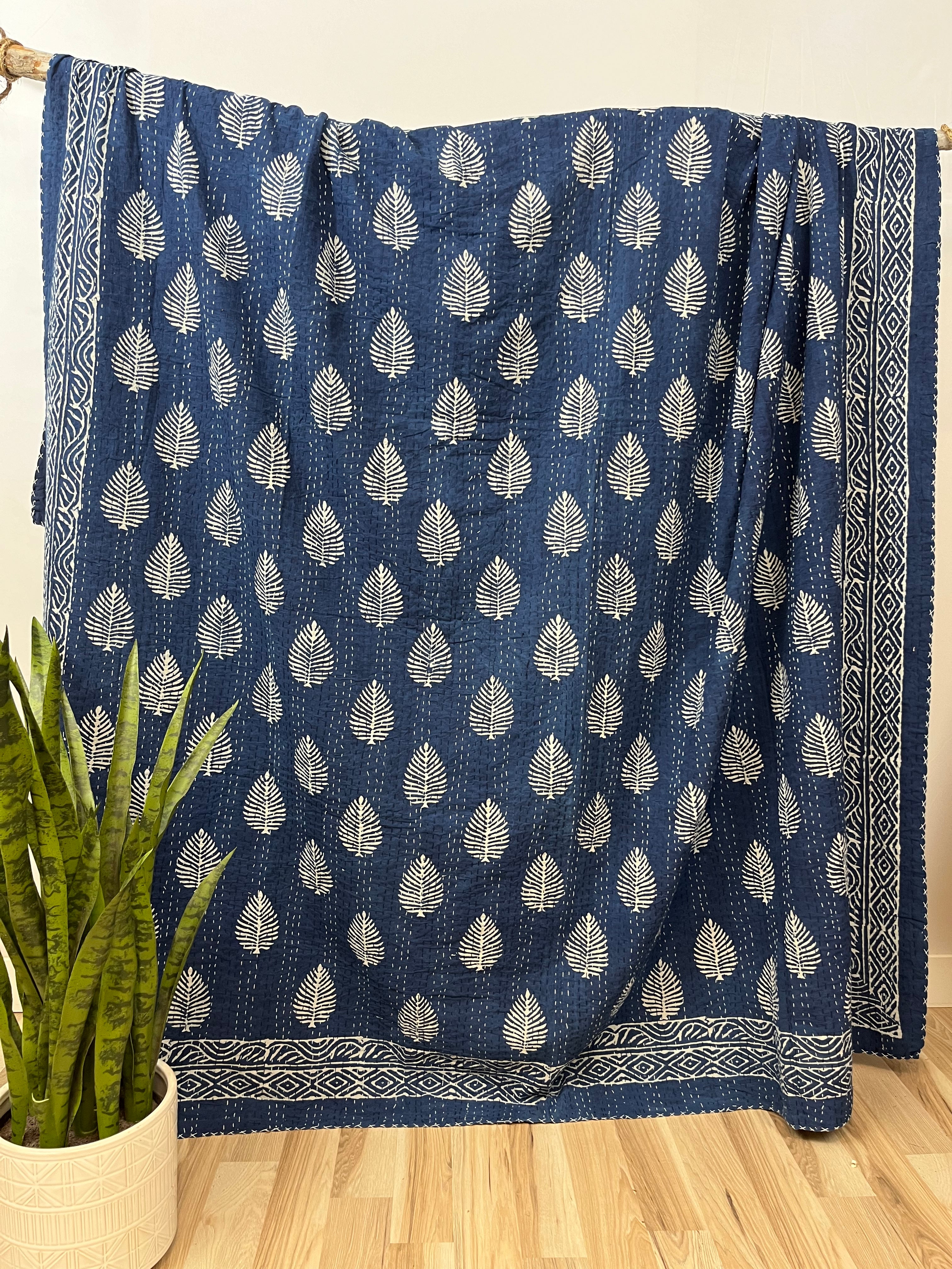 Bagru Indigo Leaves Block Print Cotton Kantha Quilt Twin