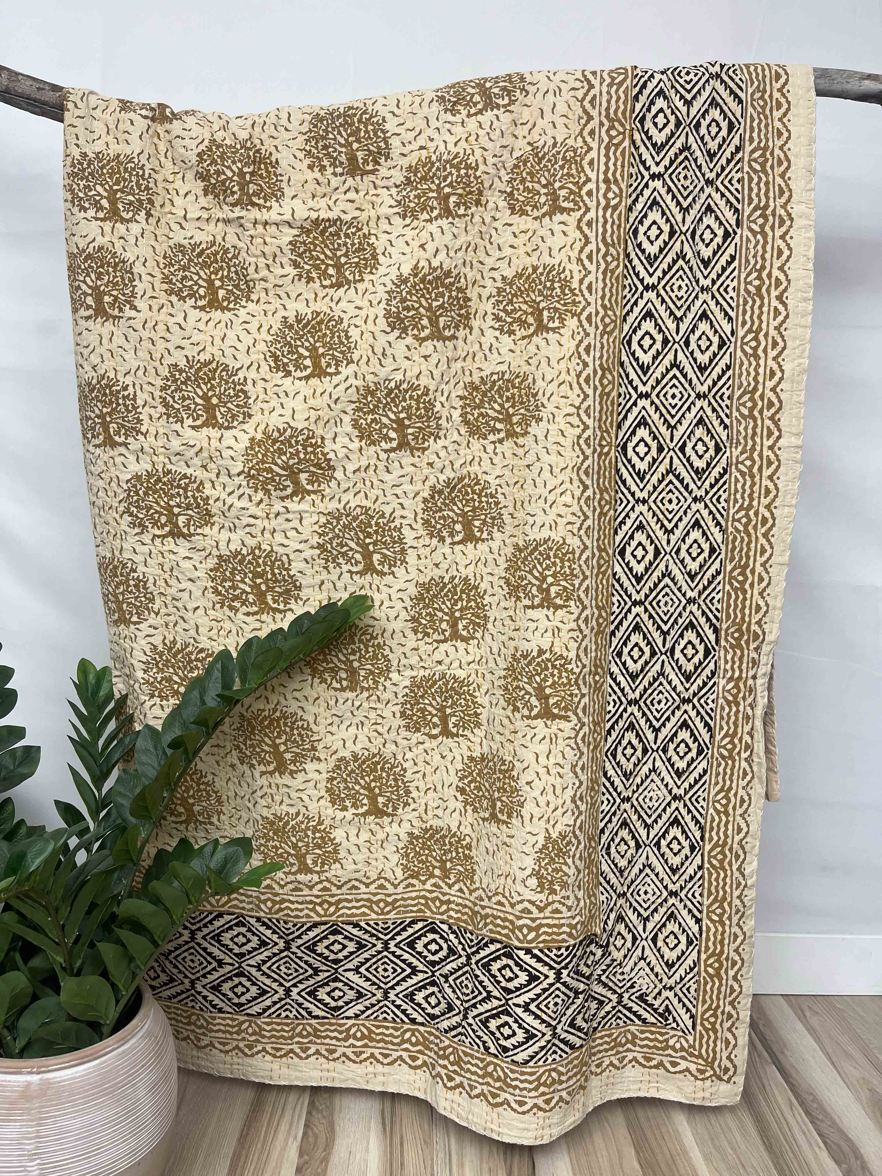 Tree of Life Block Print Cotton Kantha Quilt