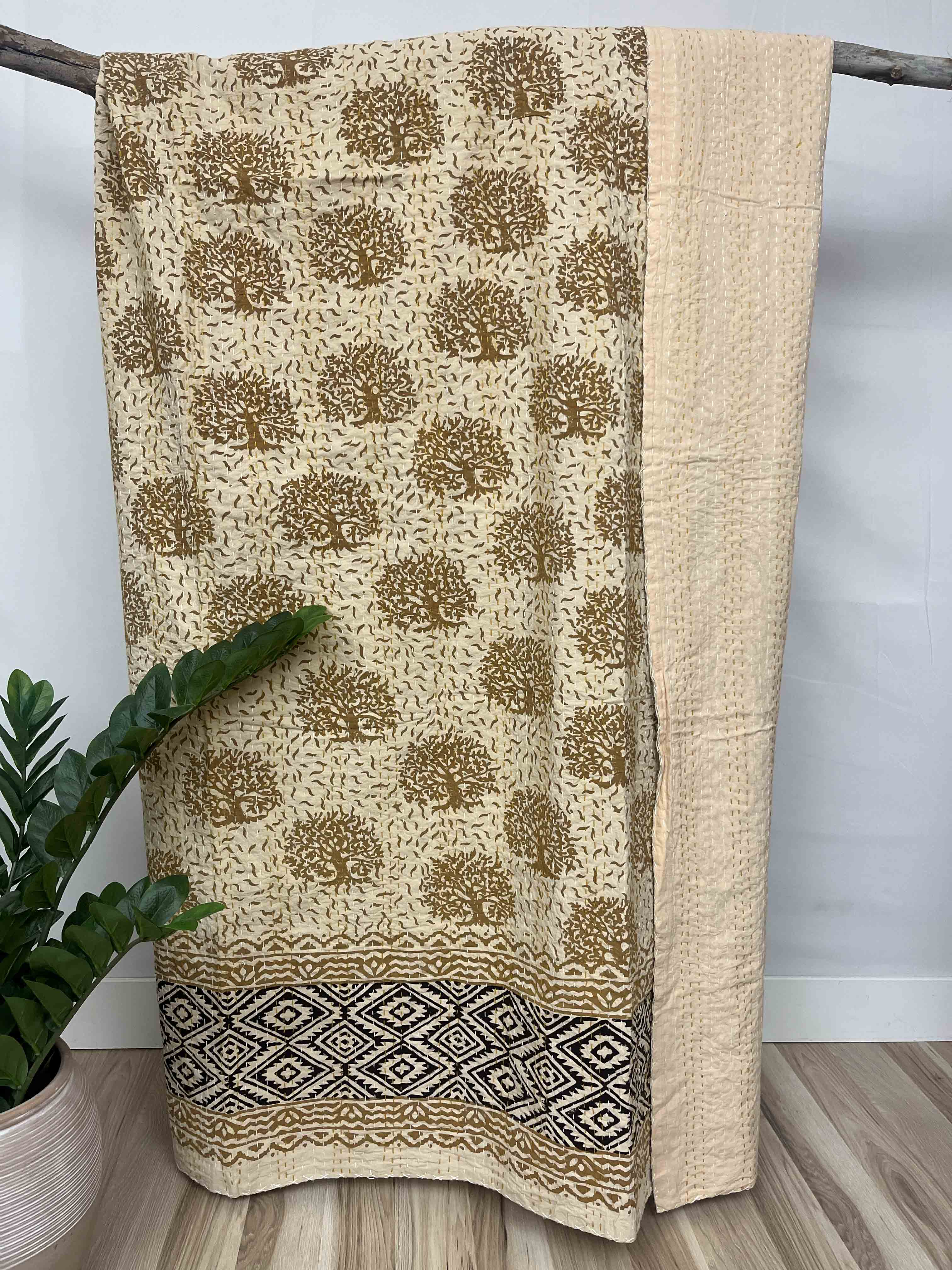 Tree of Life Block Print Cotton Kantha Quilt