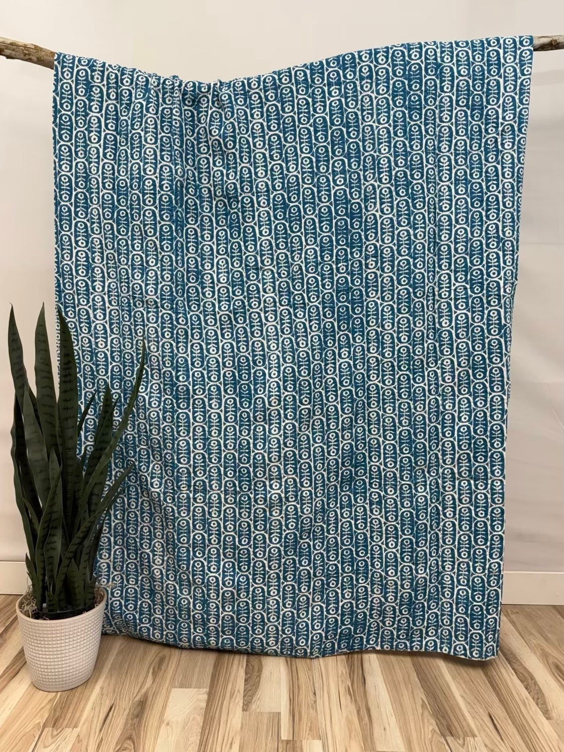 Teal Reflections Block Print Cotton Kantha Quilt
