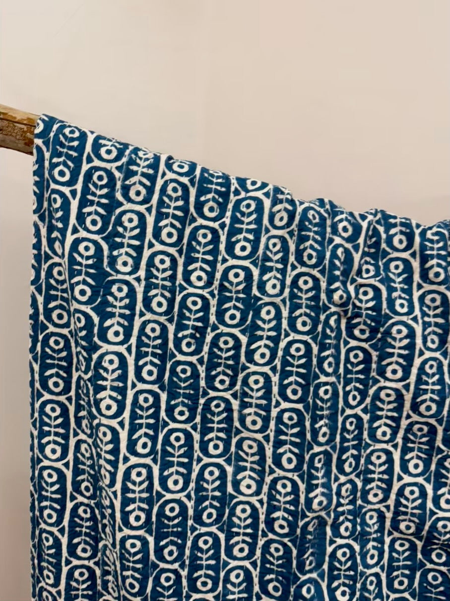 Teal Reflections Block Print Cotton Kantha Quilt