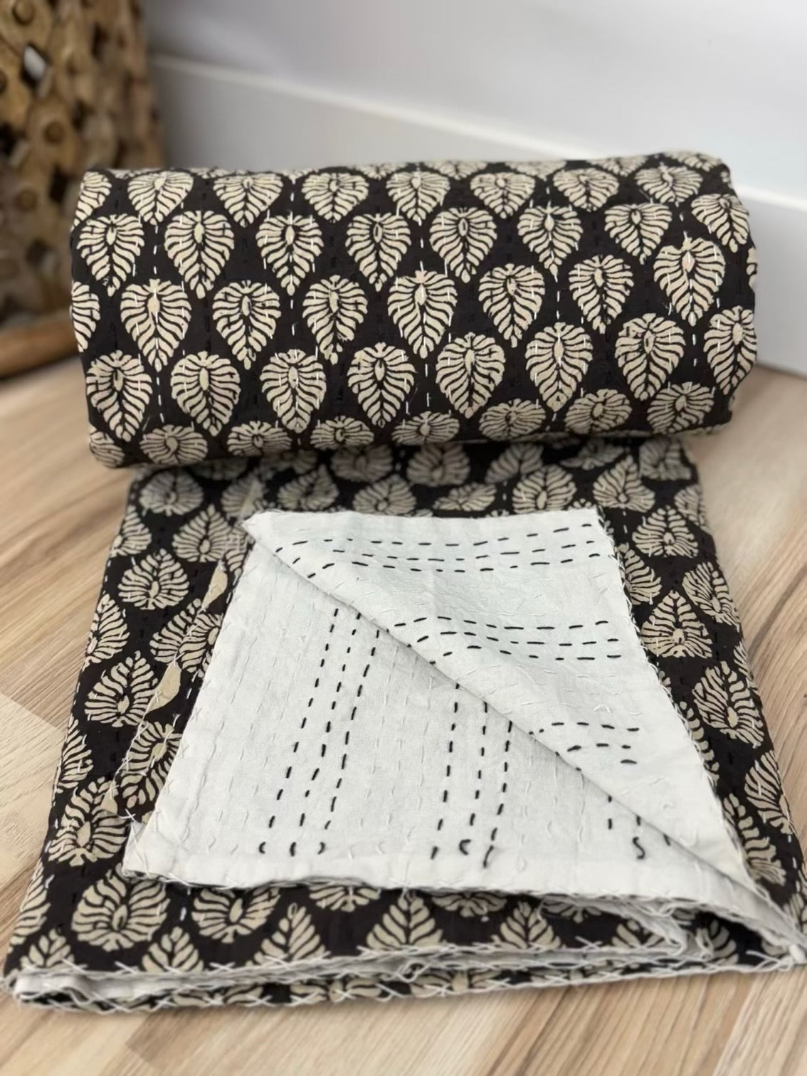 Rajani Leaves Block Print Cotton Kantha Quilt
