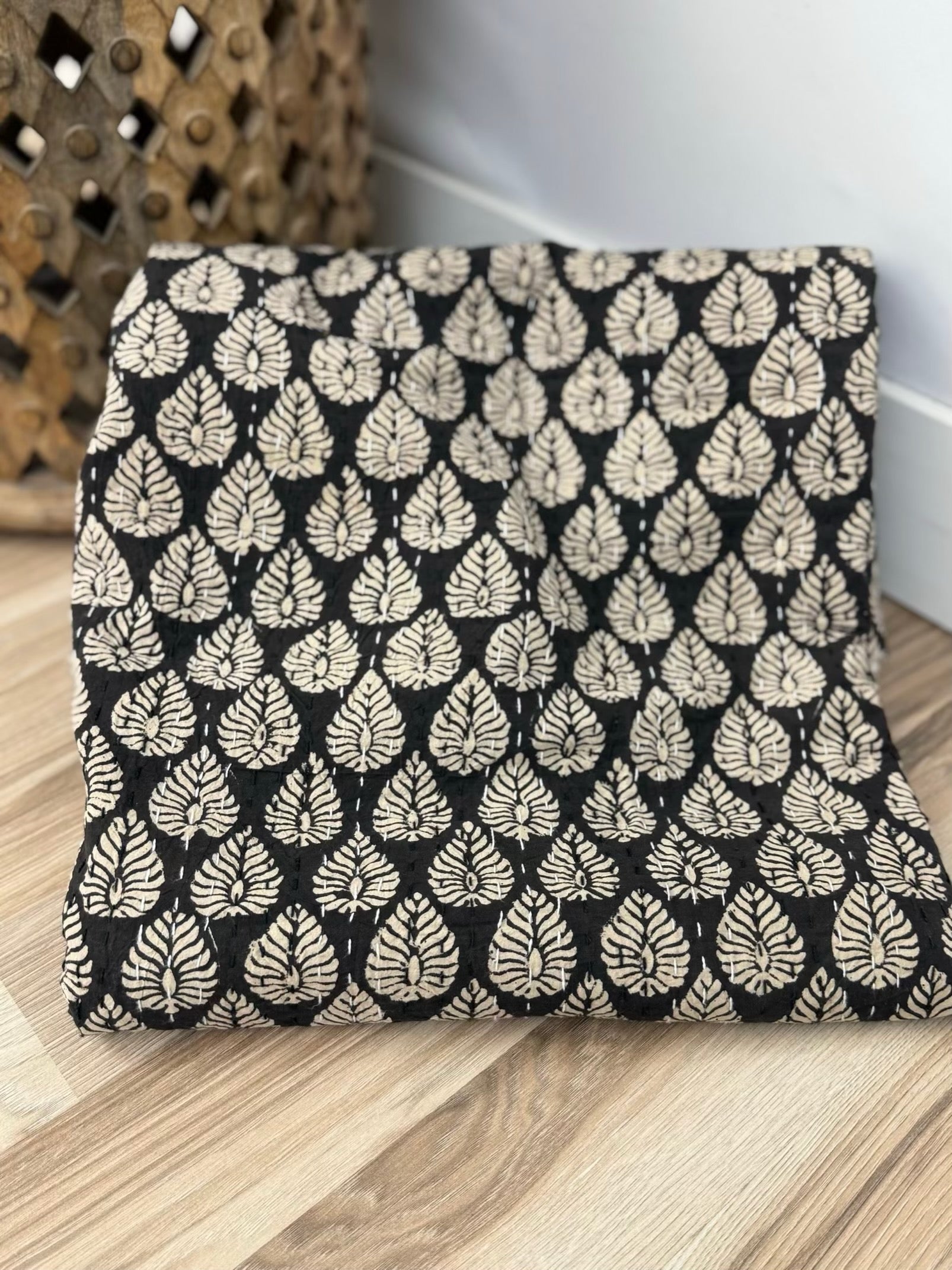 Rajani Leaves Block Print Cotton Kantha Quilt