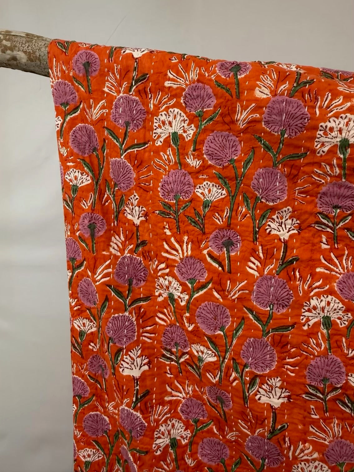 Tangerine Twist Block Print Cotton Kantha Quilt