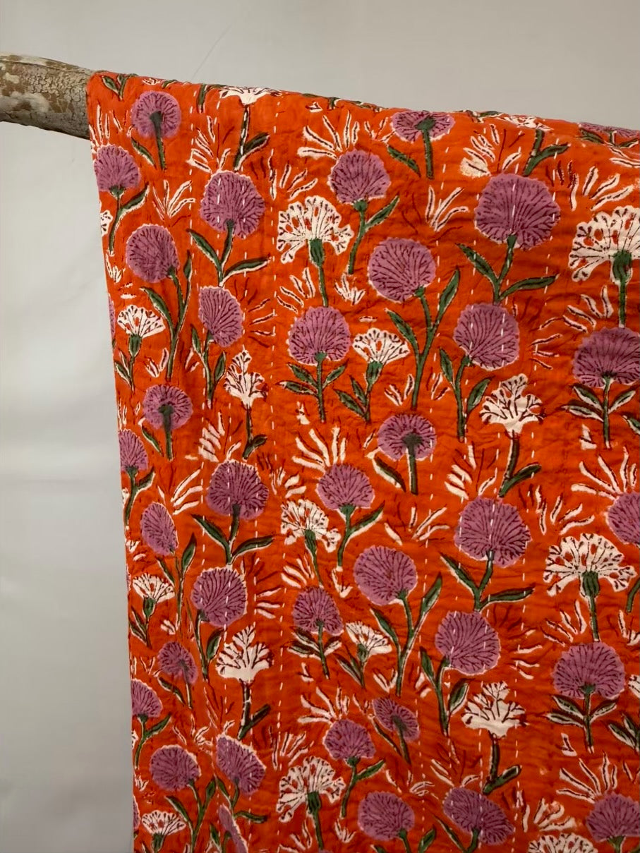 Tangerine Twist Block Print Cotton Kantha Quilt