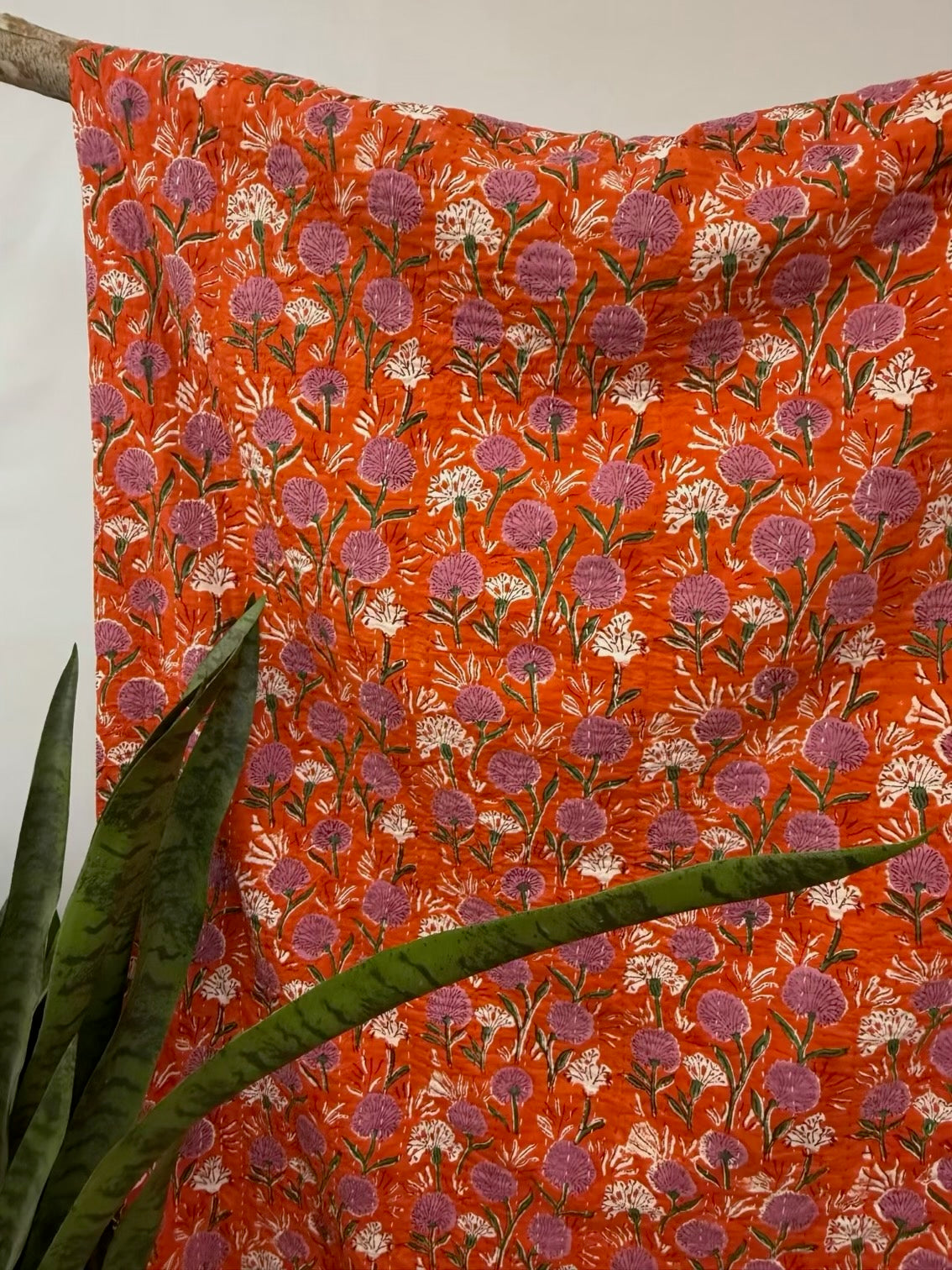 Tangerine Twist Block Print Cotton Kantha Quilt