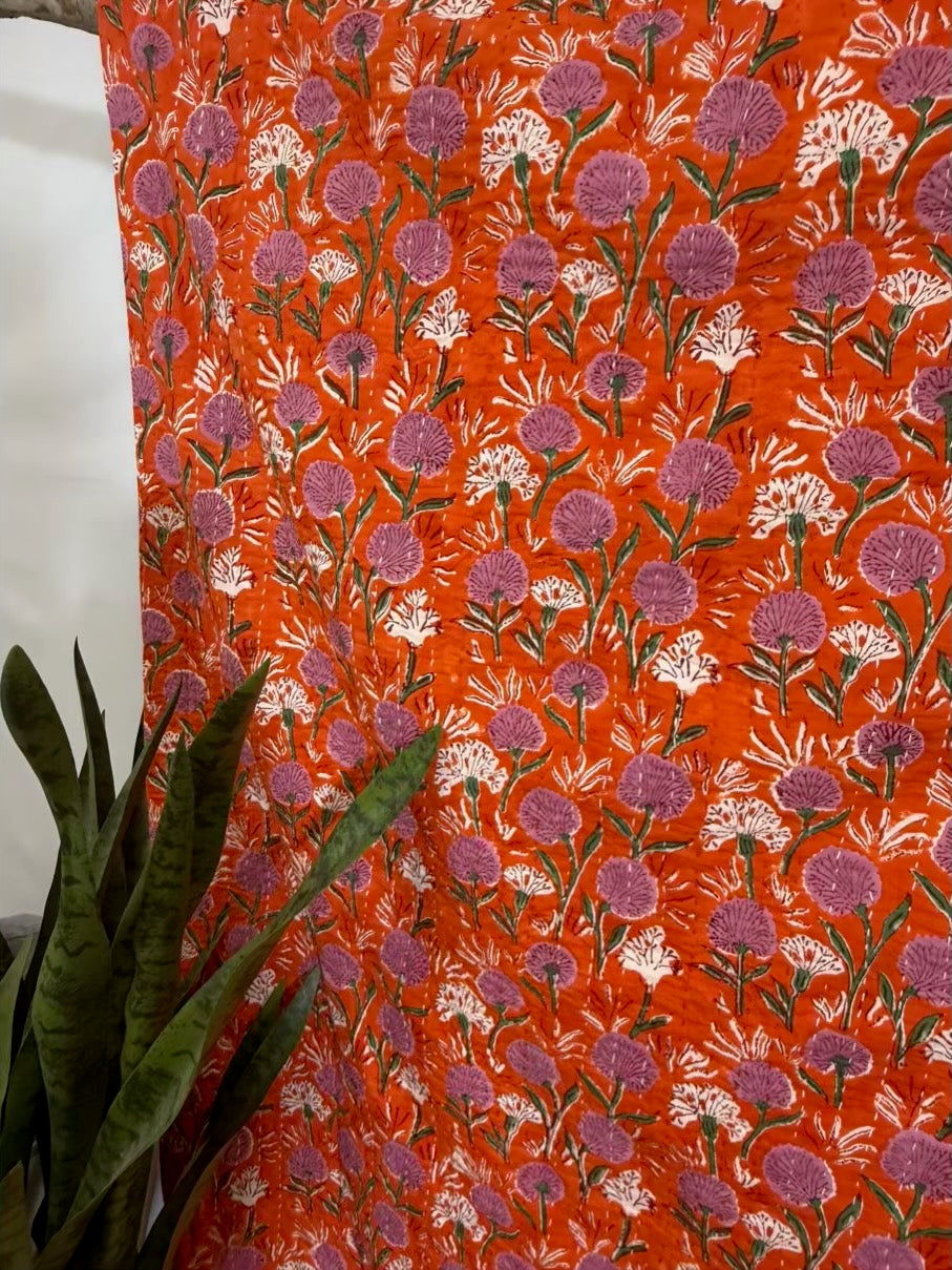 Tangerine Twist Block Print Cotton Kantha Quilt