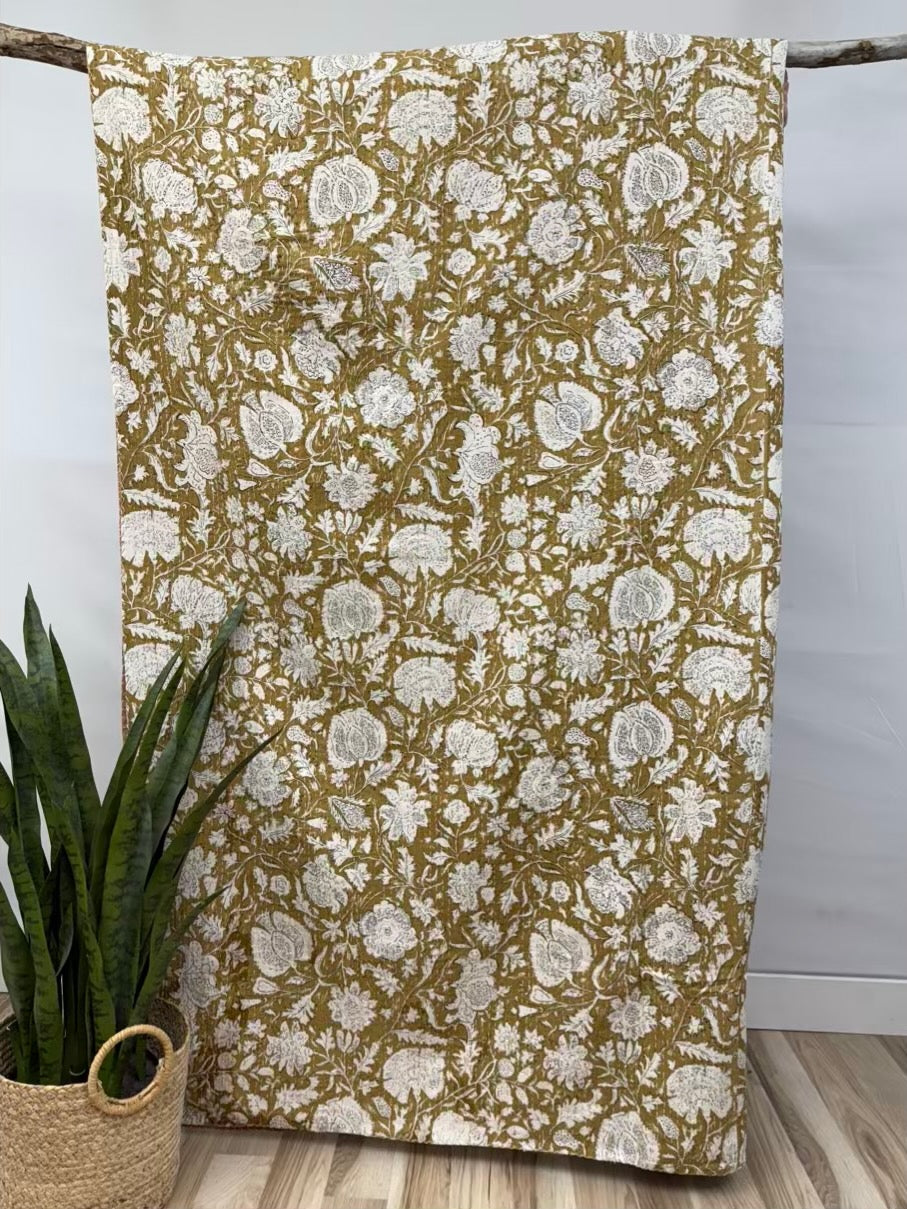 Yellow Heritage Blooms Block Print Cotton Kantha Quilt