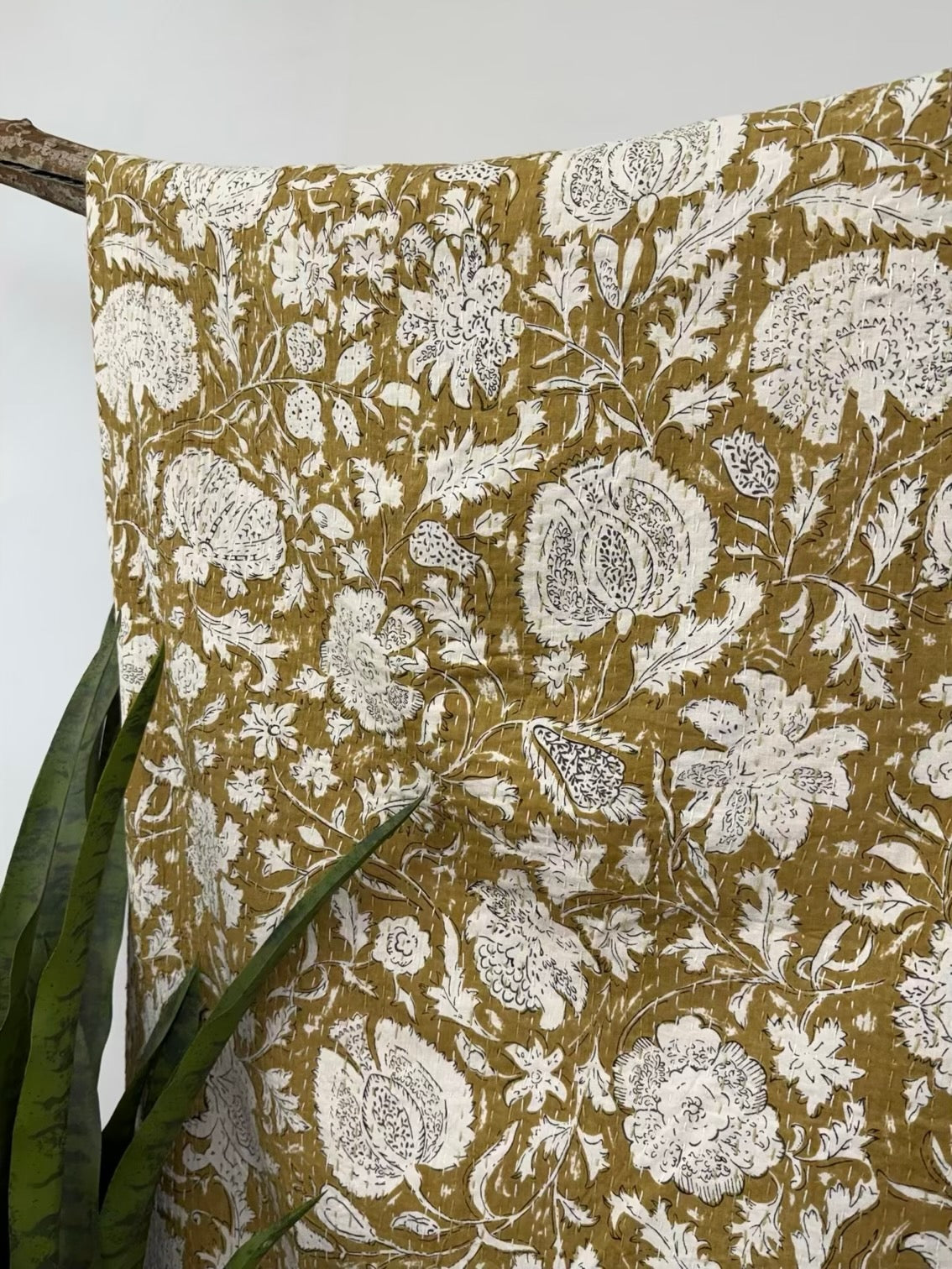 Yellow Heritage Blooms Block Print Cotton Kantha Quilt