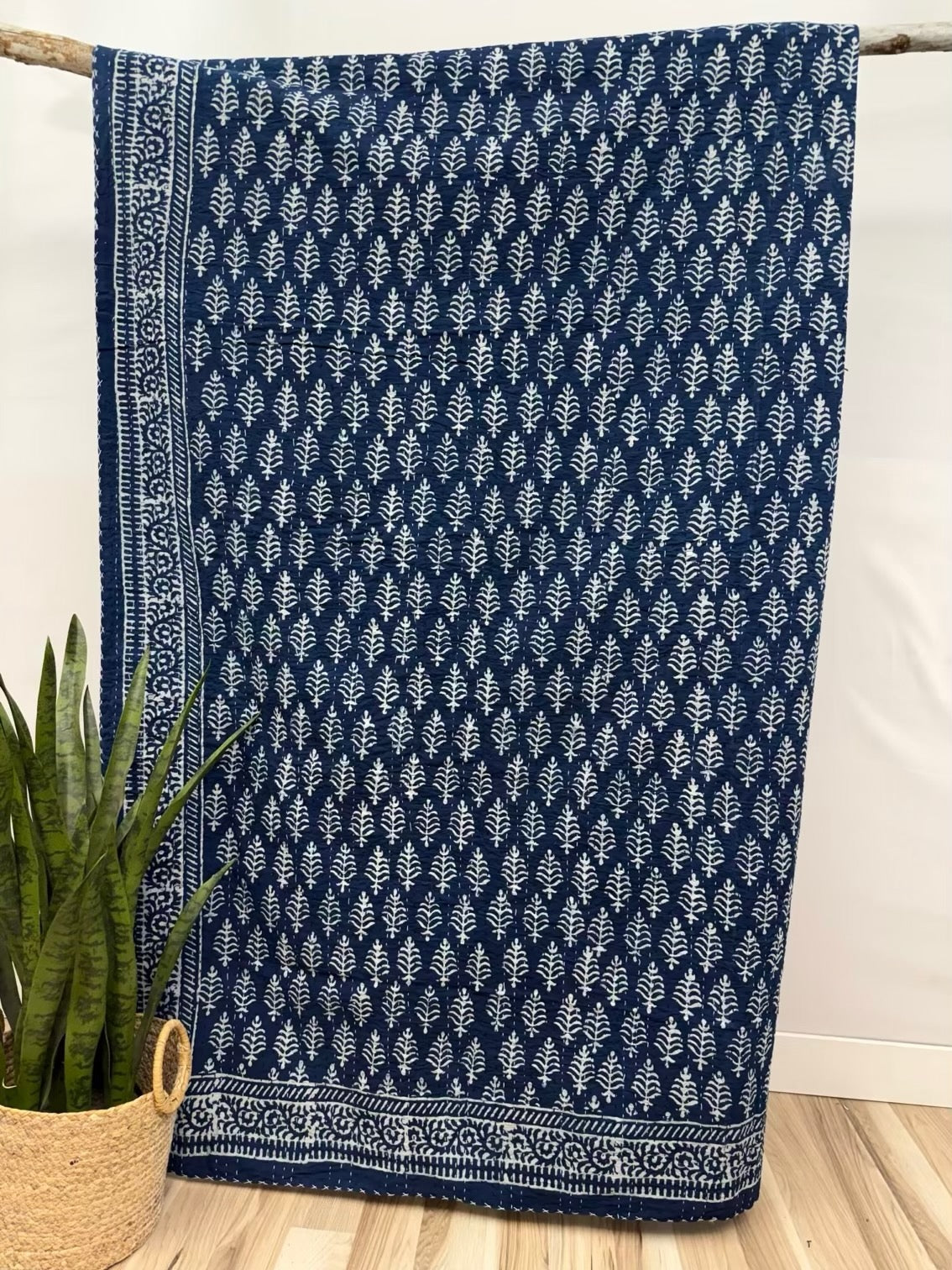 Royal Indigo Leaves Block Print Cotton Kantha Quilt