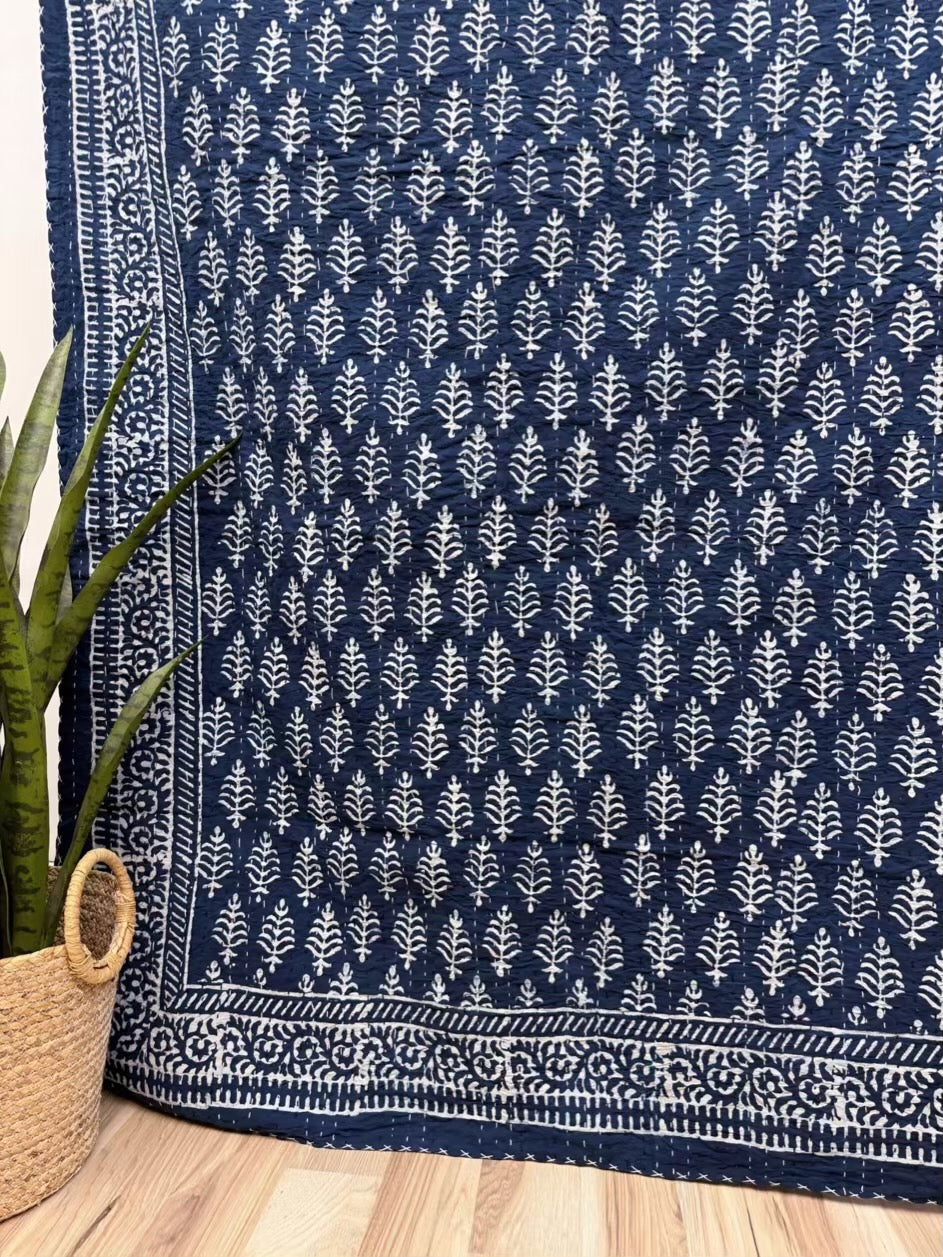 Royal Indigo Leaves Block Print Cotton Kantha Quilt