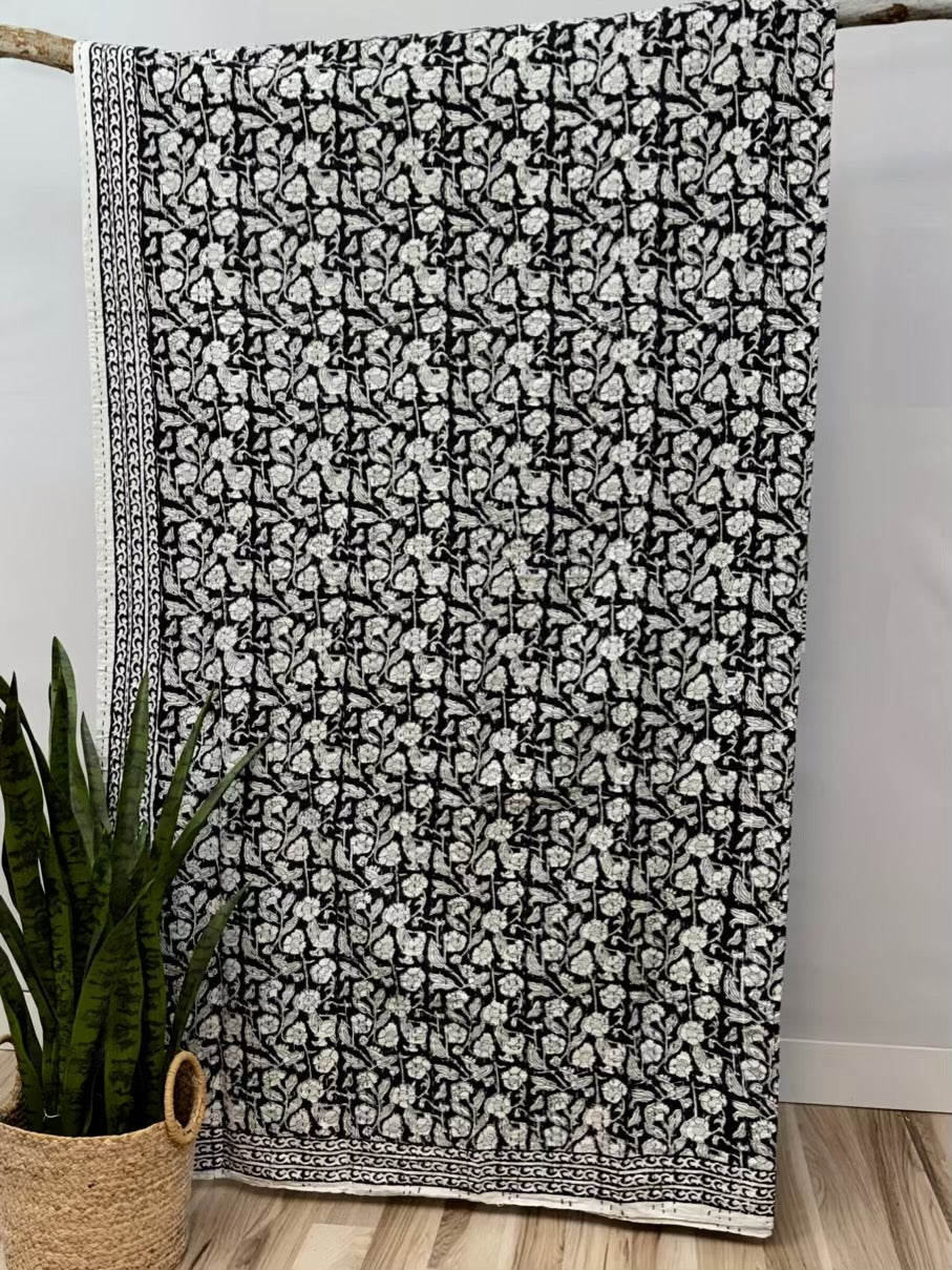Rajani Blooms Block Print Cotton Kantha Quilt