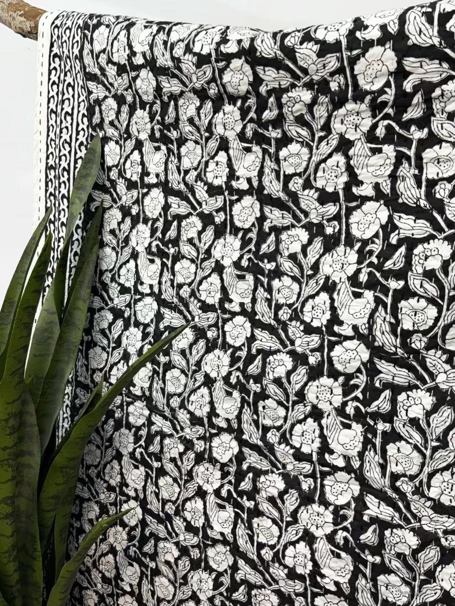 Rajani Blooms Block Print Cotton Kantha Quilt