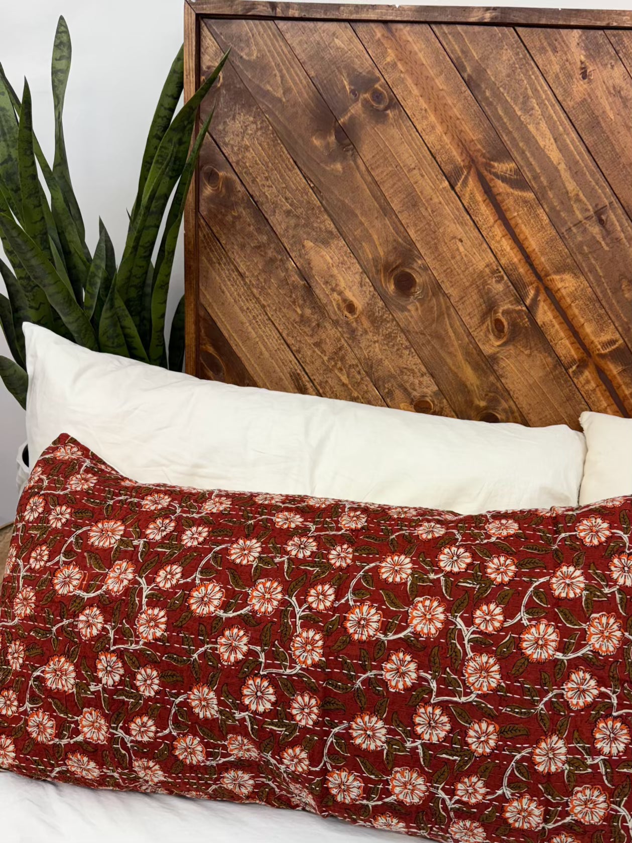 Crimson Vines Block Print Cotton Kantha Sham