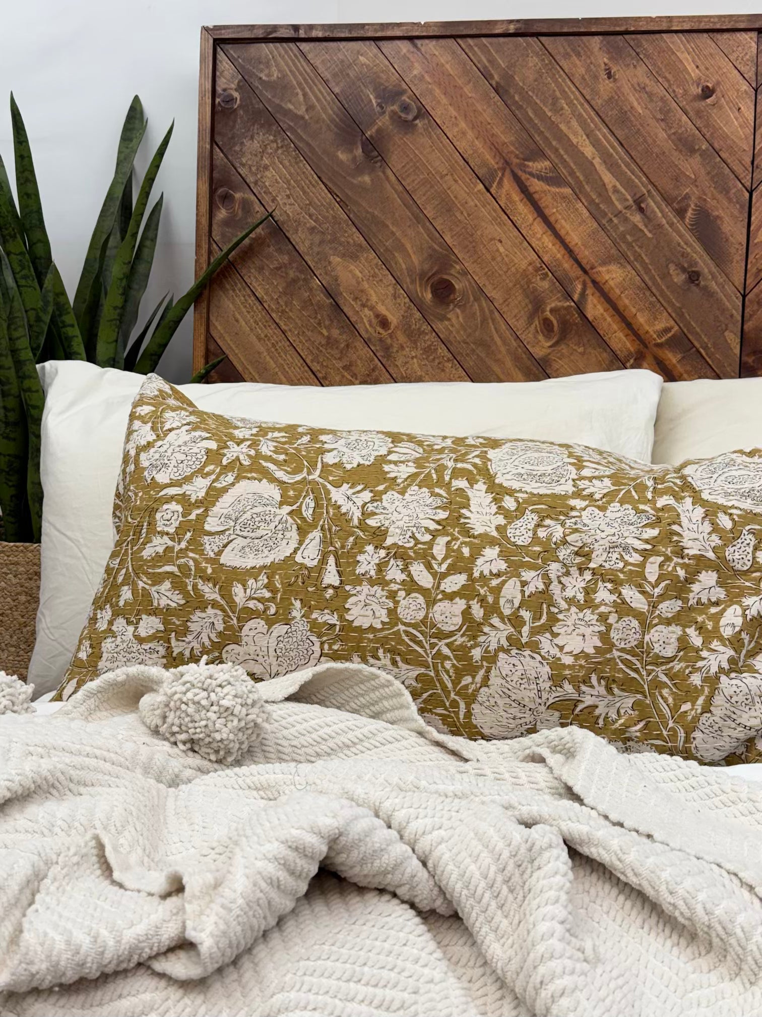 Yellow Heritage Blooms Block Print Cotton Kantha Sham