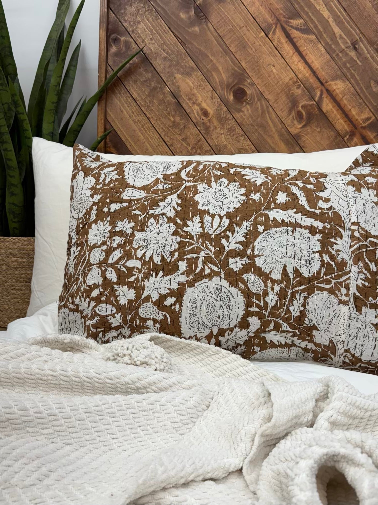 Heritage Blooms Brown Block Print Cotton Kantha Sham