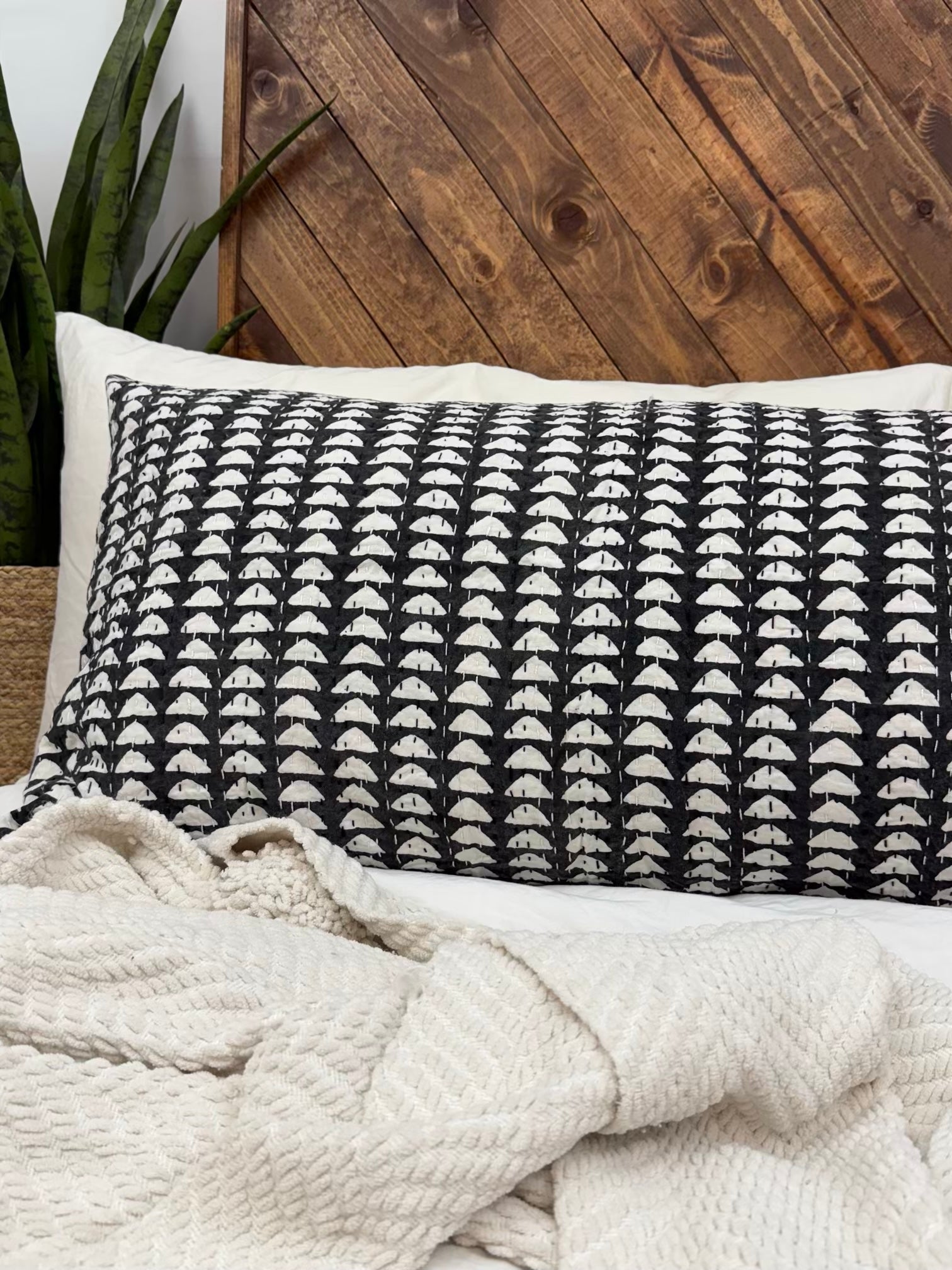 White Arrows on Black Block Print Cotton Kantha Sham