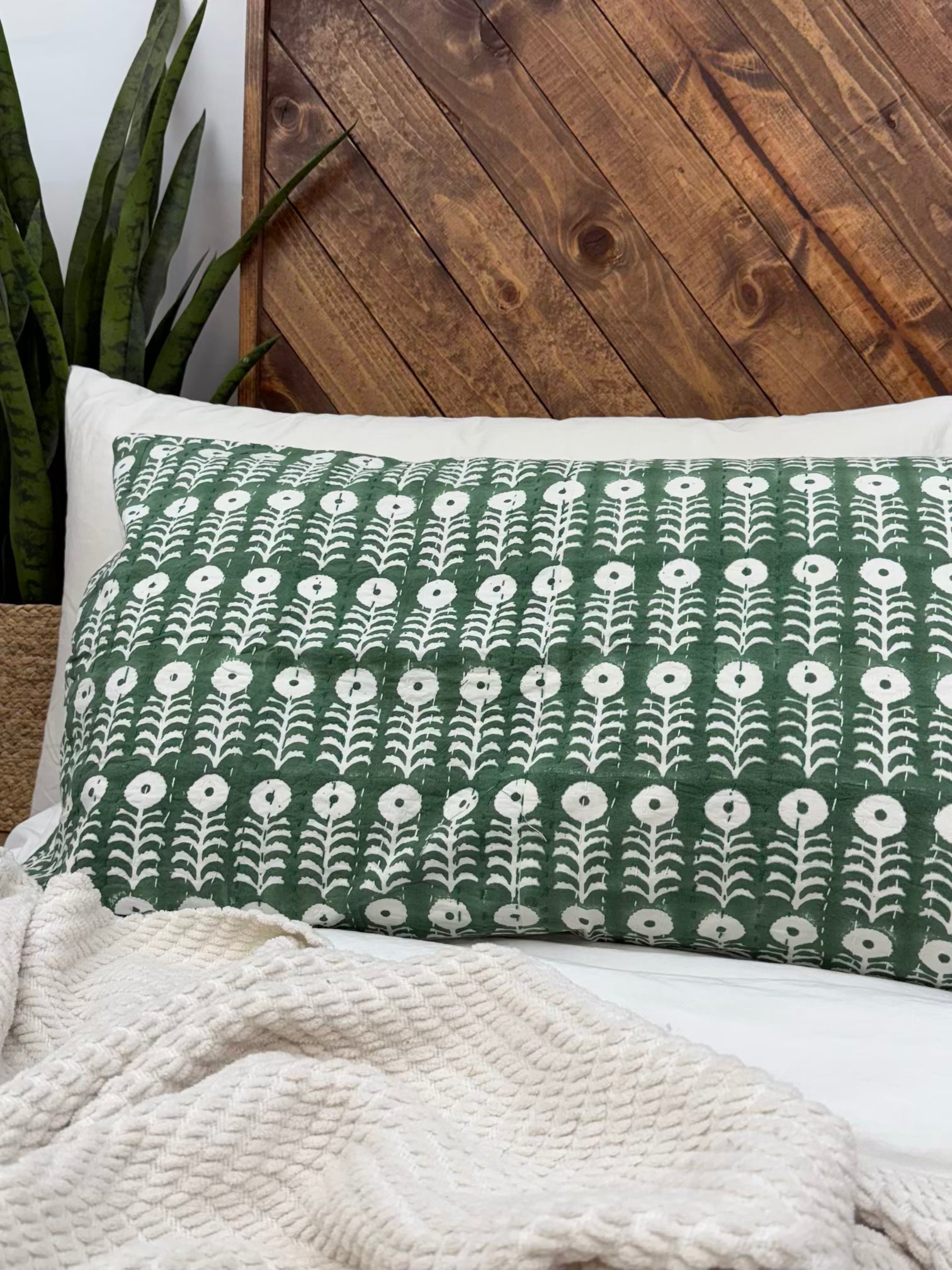 Jade Blossom Block Print Cotton Kantha Sham