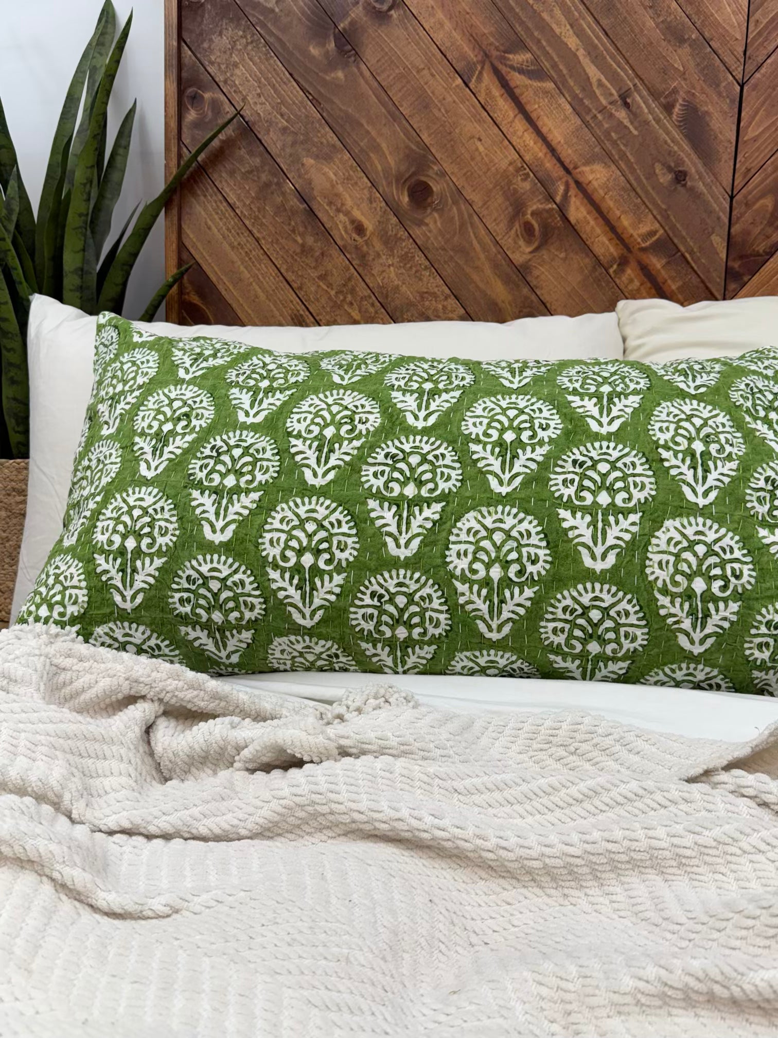 Emerald Dandelions Block Print Cotton Kantha Sham