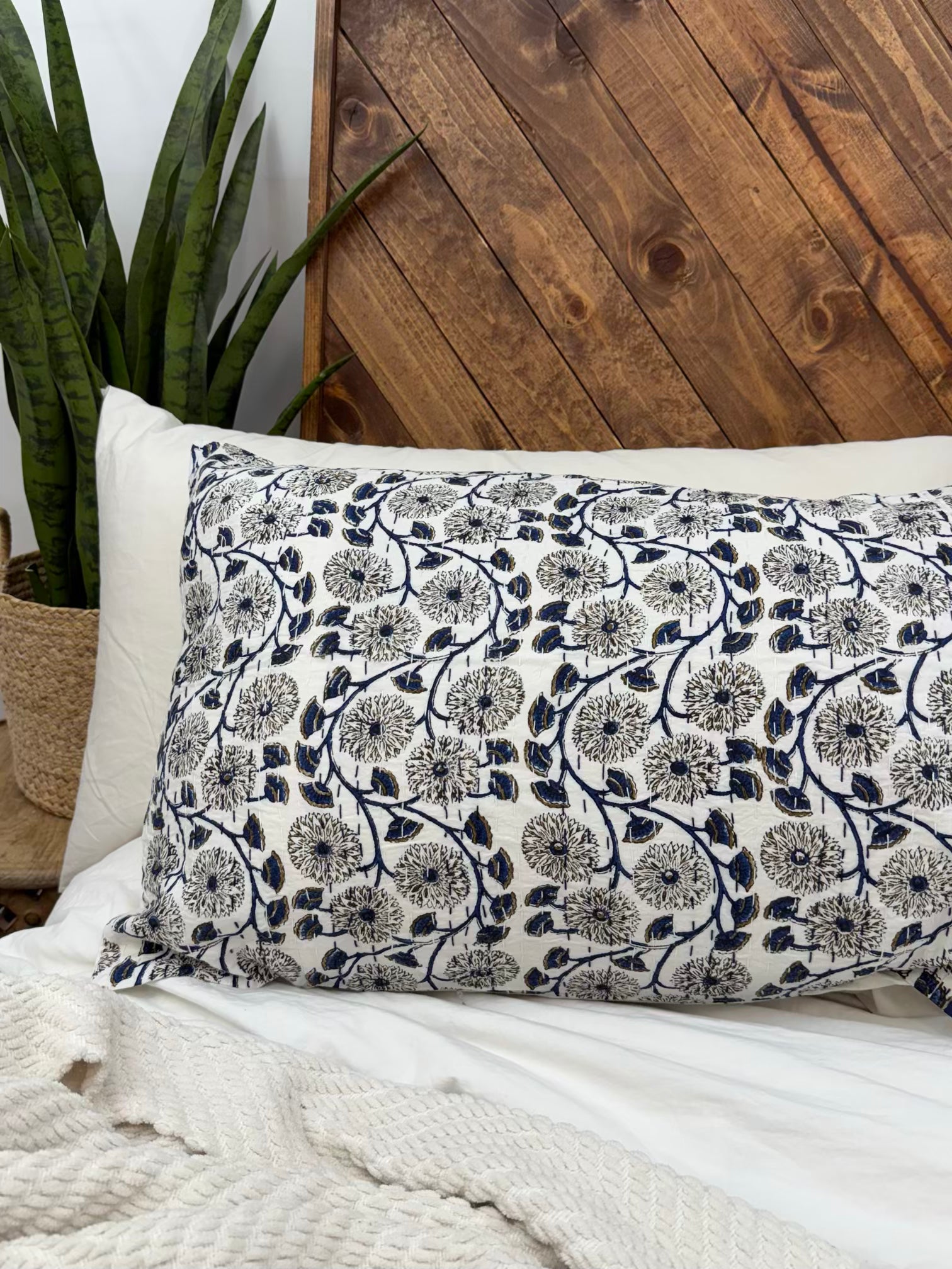 Moonlit Vines Block Print Cotton Kantha Sham
