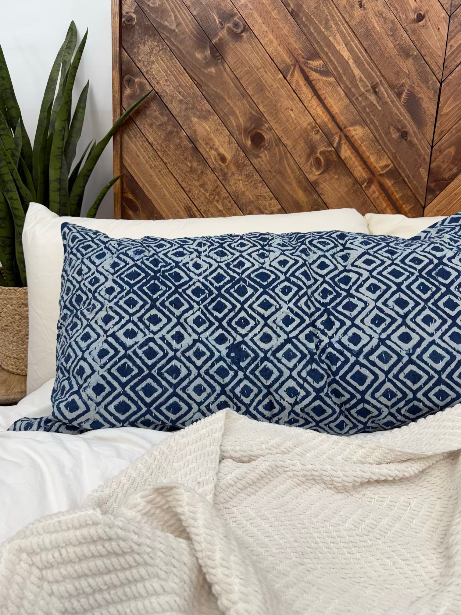 Indigo Diamonds Block Print Cotton Kantha Sham