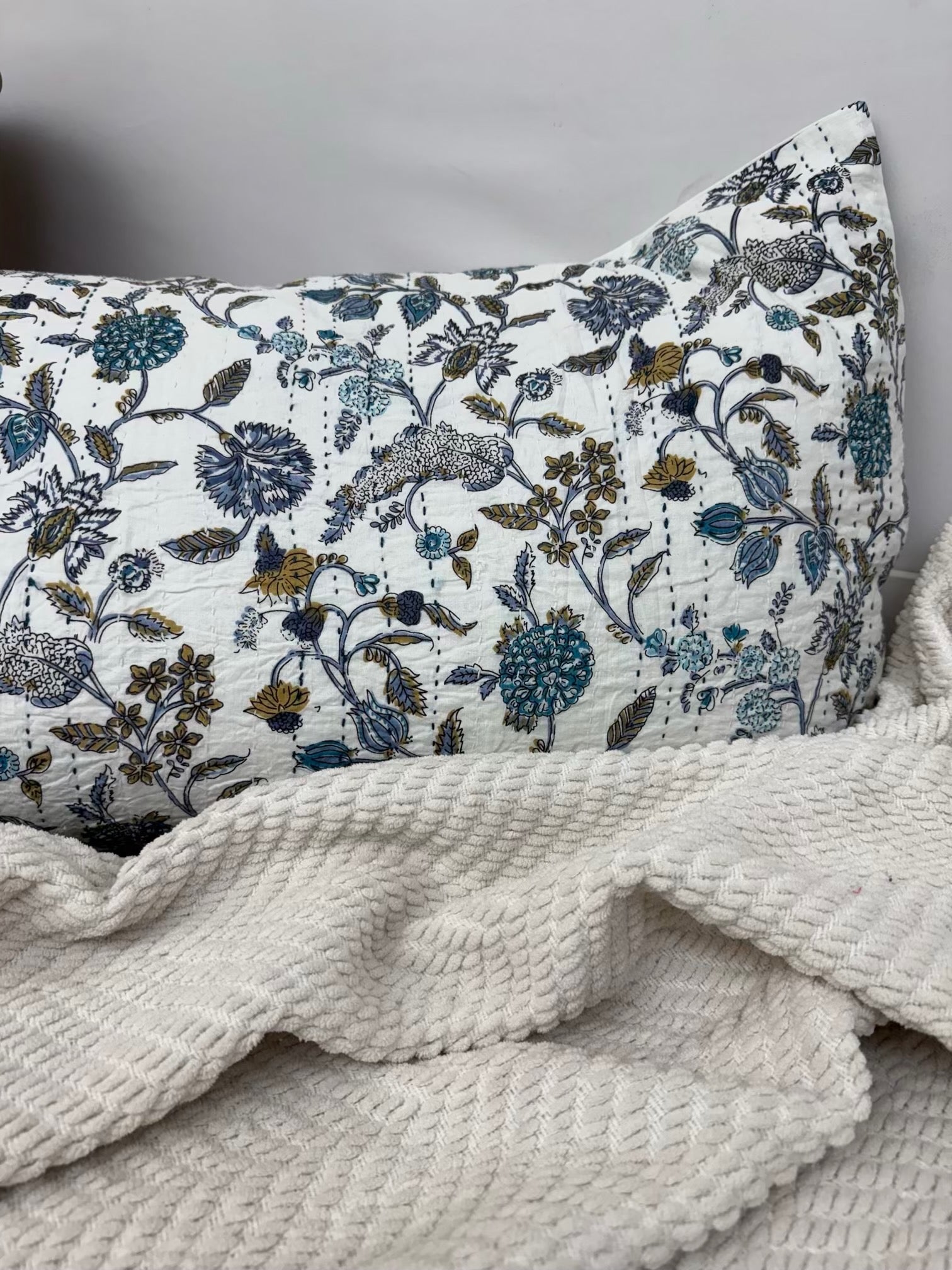 Wildflower Field Blue Block Print Cotton Kantha Sham