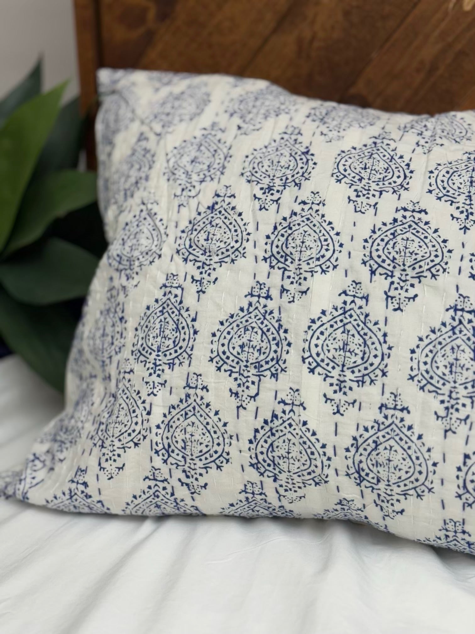 Indigo Spades Block Print Cotton Kantha Sham