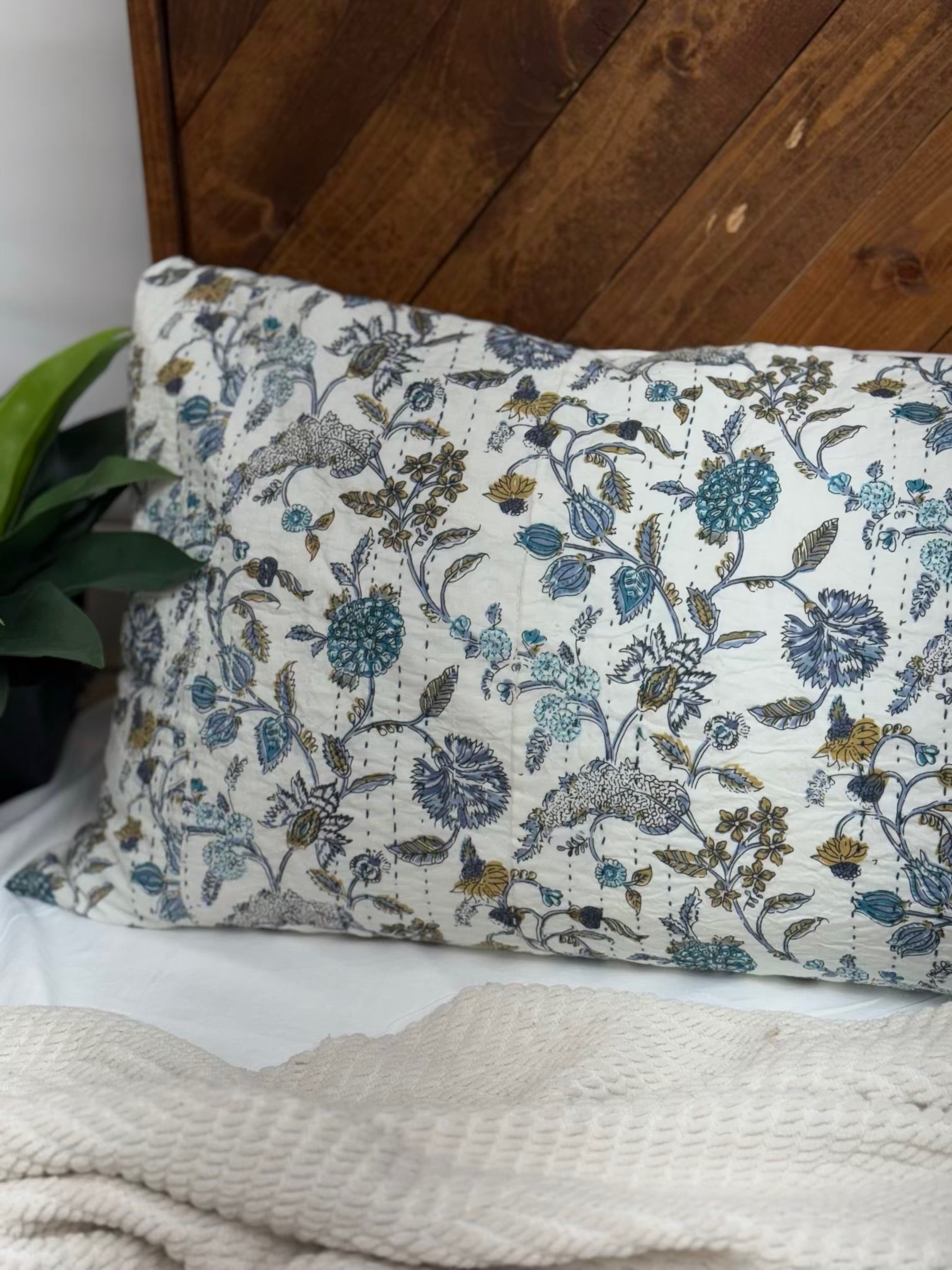 Wildflower Field Blue Block Print Cotton Kantha Sham