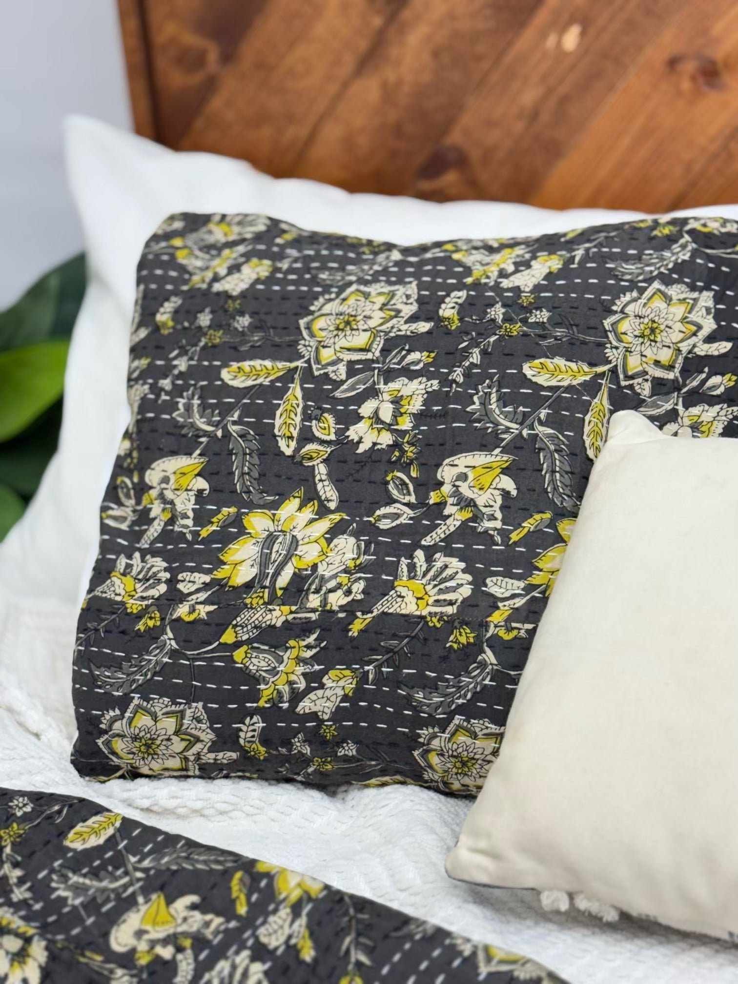 Midnight Garden Block Print Cotton Kantha Sham