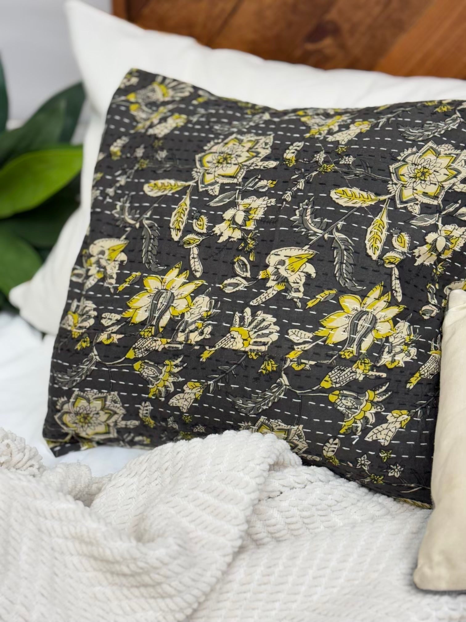 Midnight Garden Block Print Cotton Kantha Sham