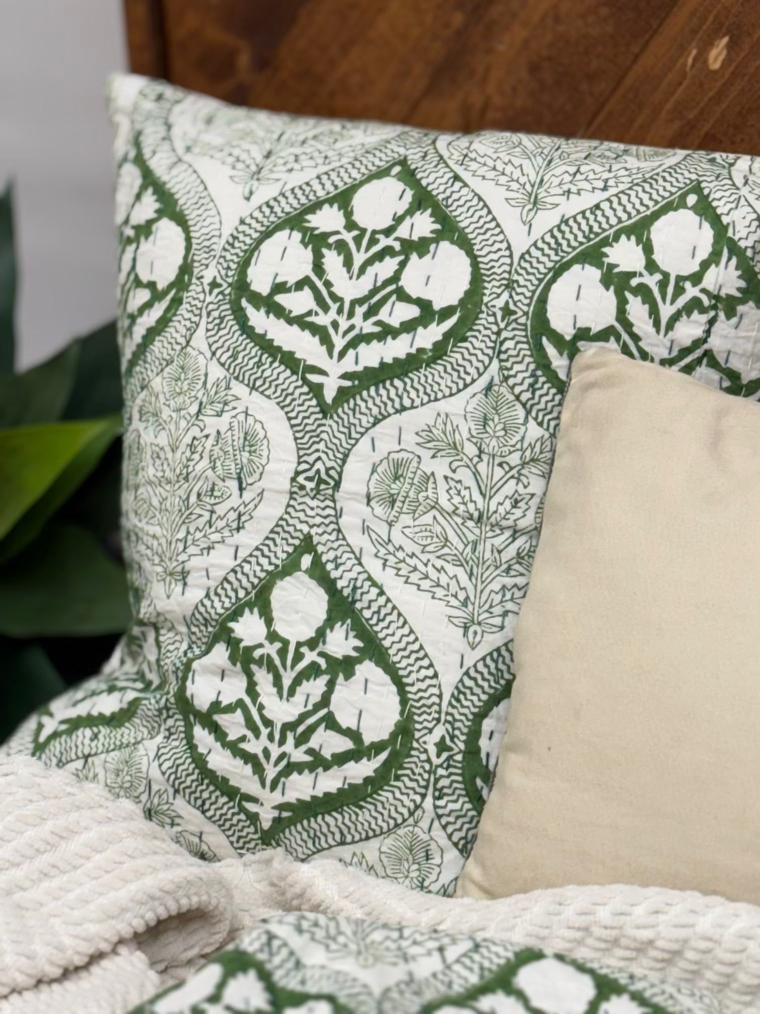 Heirloom Green Block Print Cotton Kantha Sham