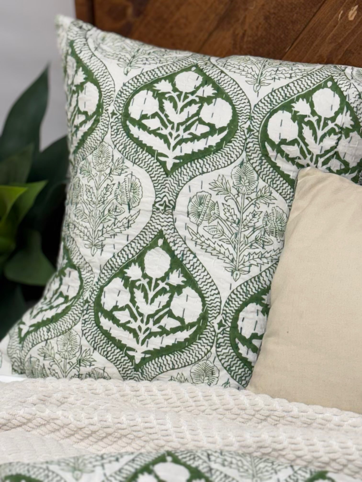 Heirloom Green Block Print Cotton Kantha Sham