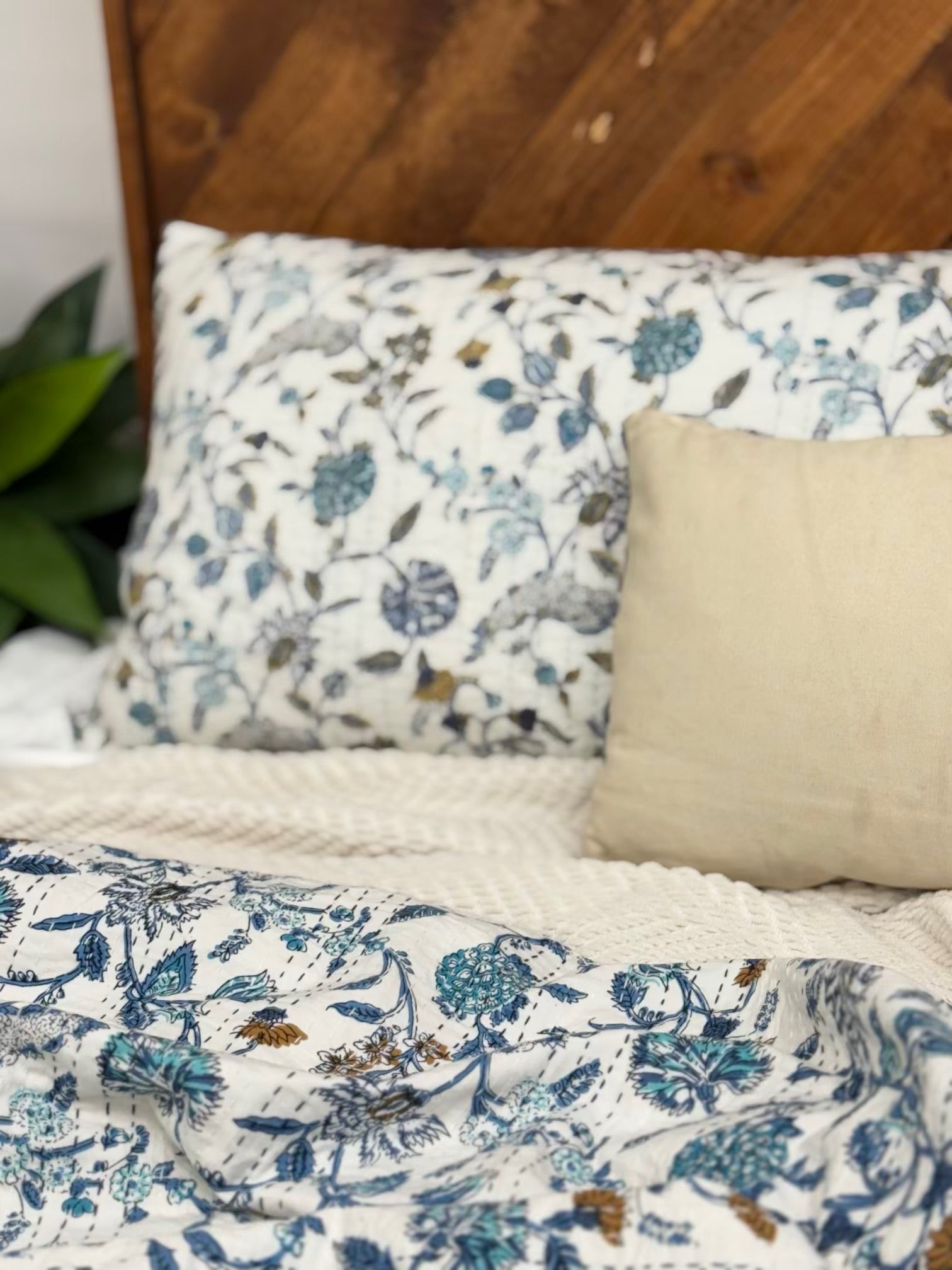 Wildflower Field Blue Block Print Cotton Kantha Sham