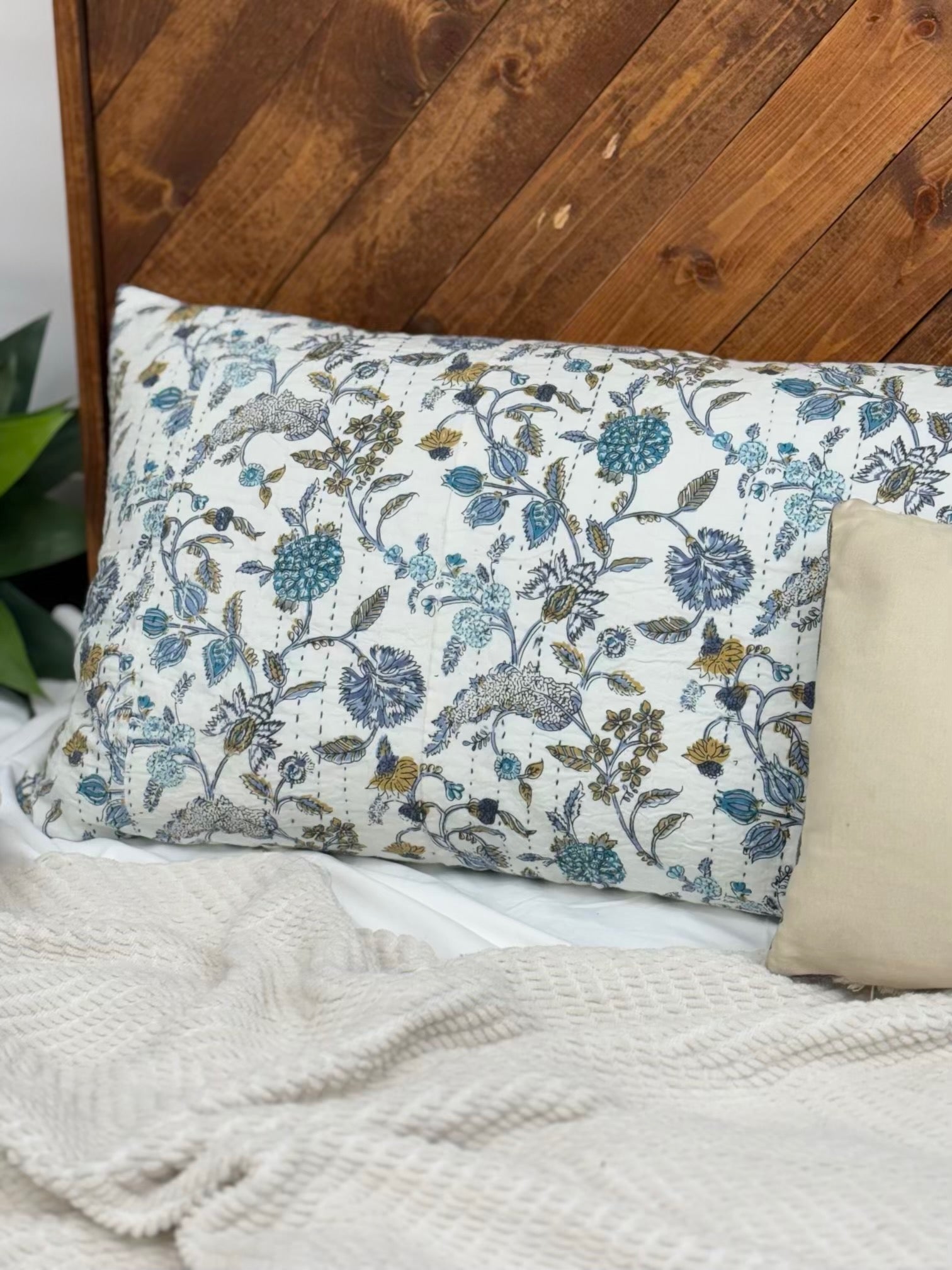 Wildflower Field Blue Block Print Cotton Kantha Sham