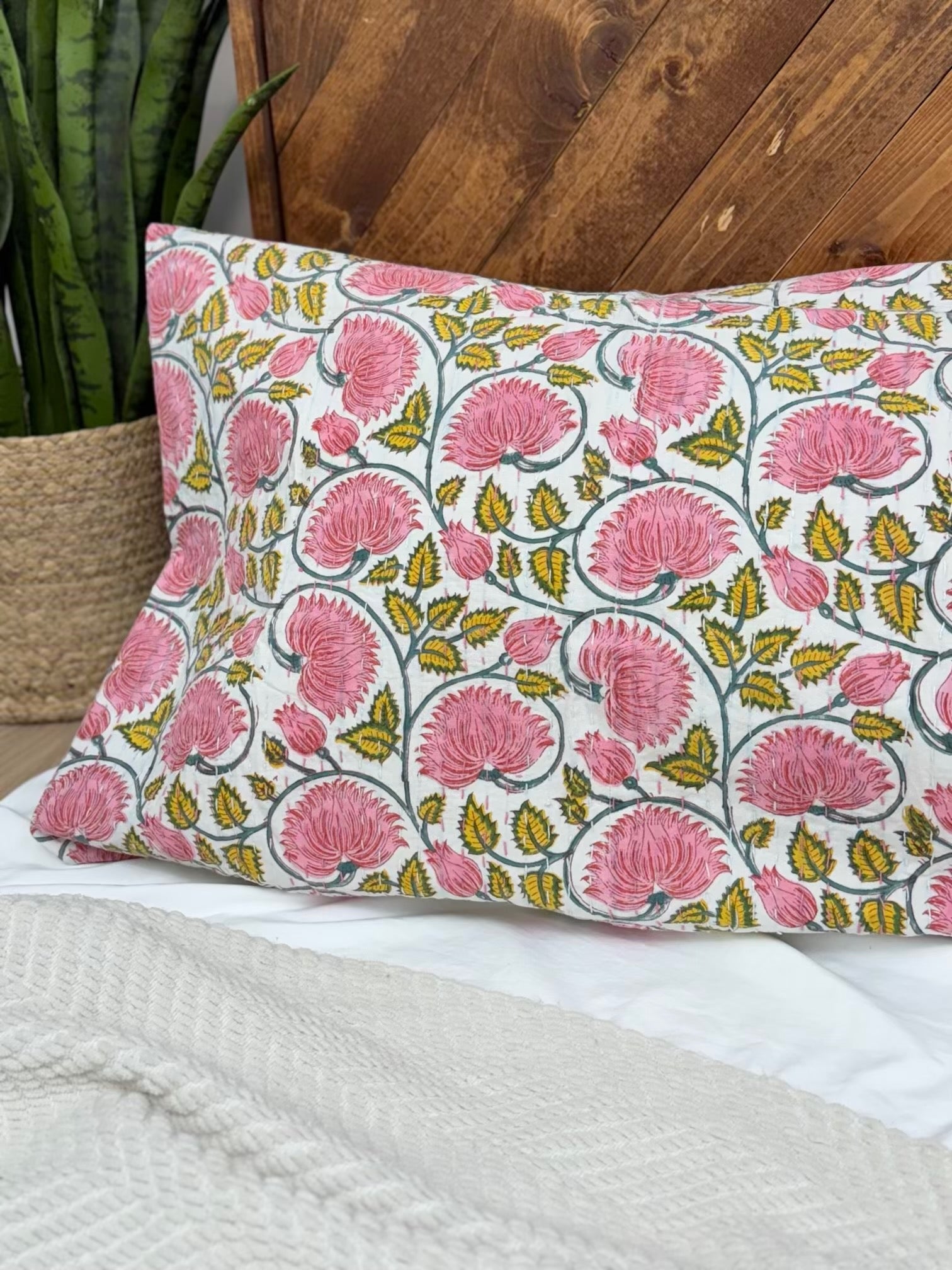 Lotus Dreams Light Block Print Cotton Kantha Sham