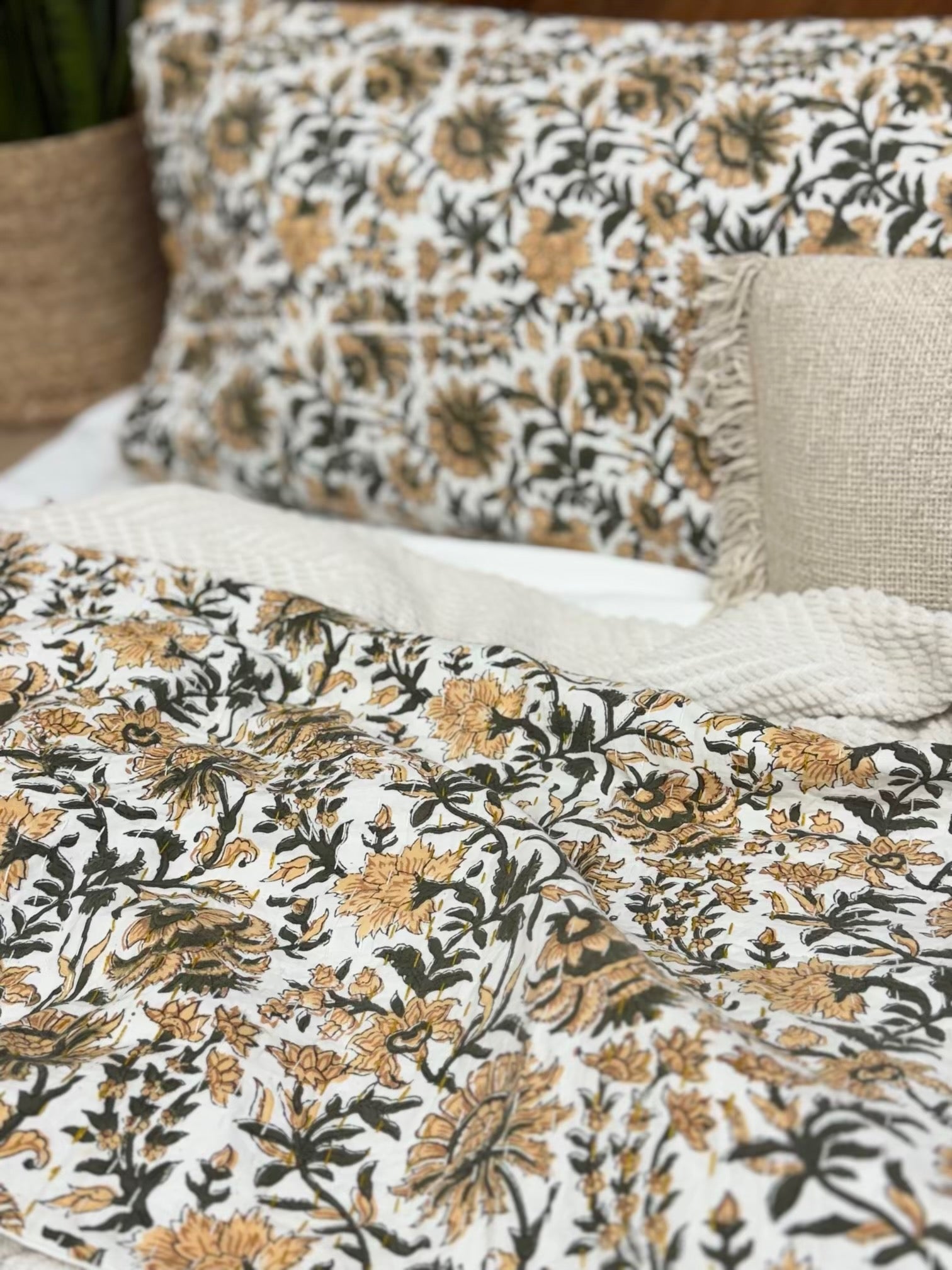 Harvest Vines Block Print Cotton Kantha Sham