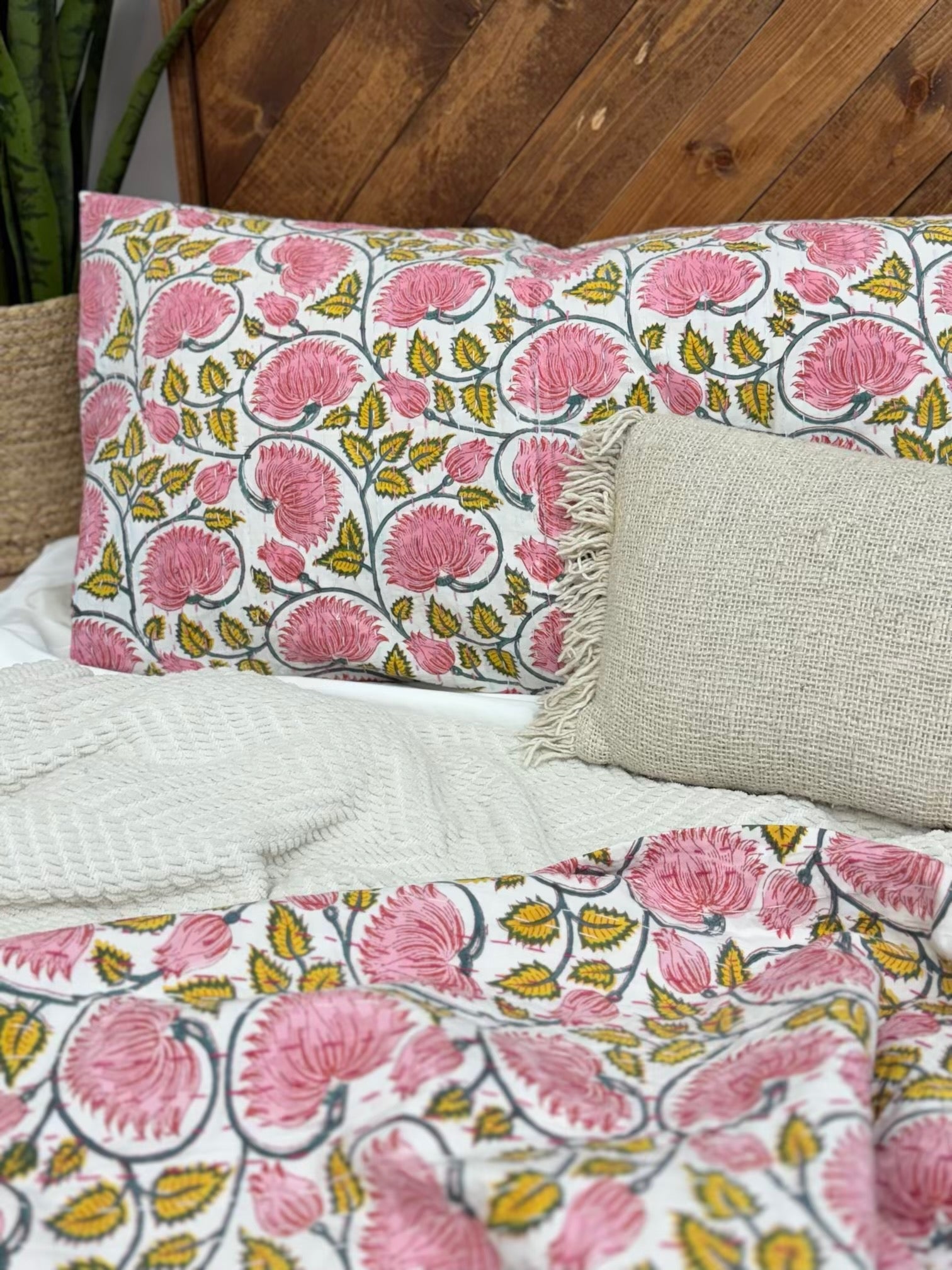 Lotus Dreams Light Block Print Cotton Kantha Sham