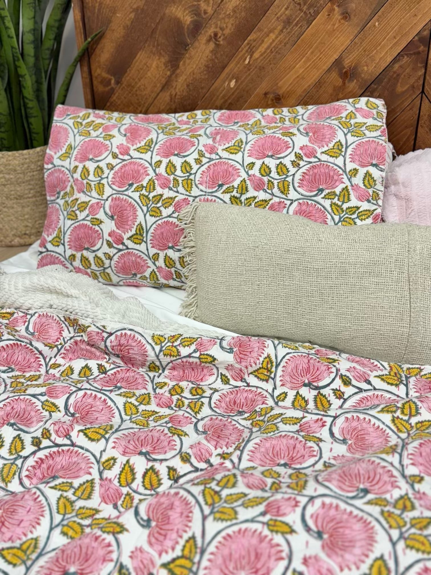Lotus Dreams Light Block Print Cotton Kantha Sham
