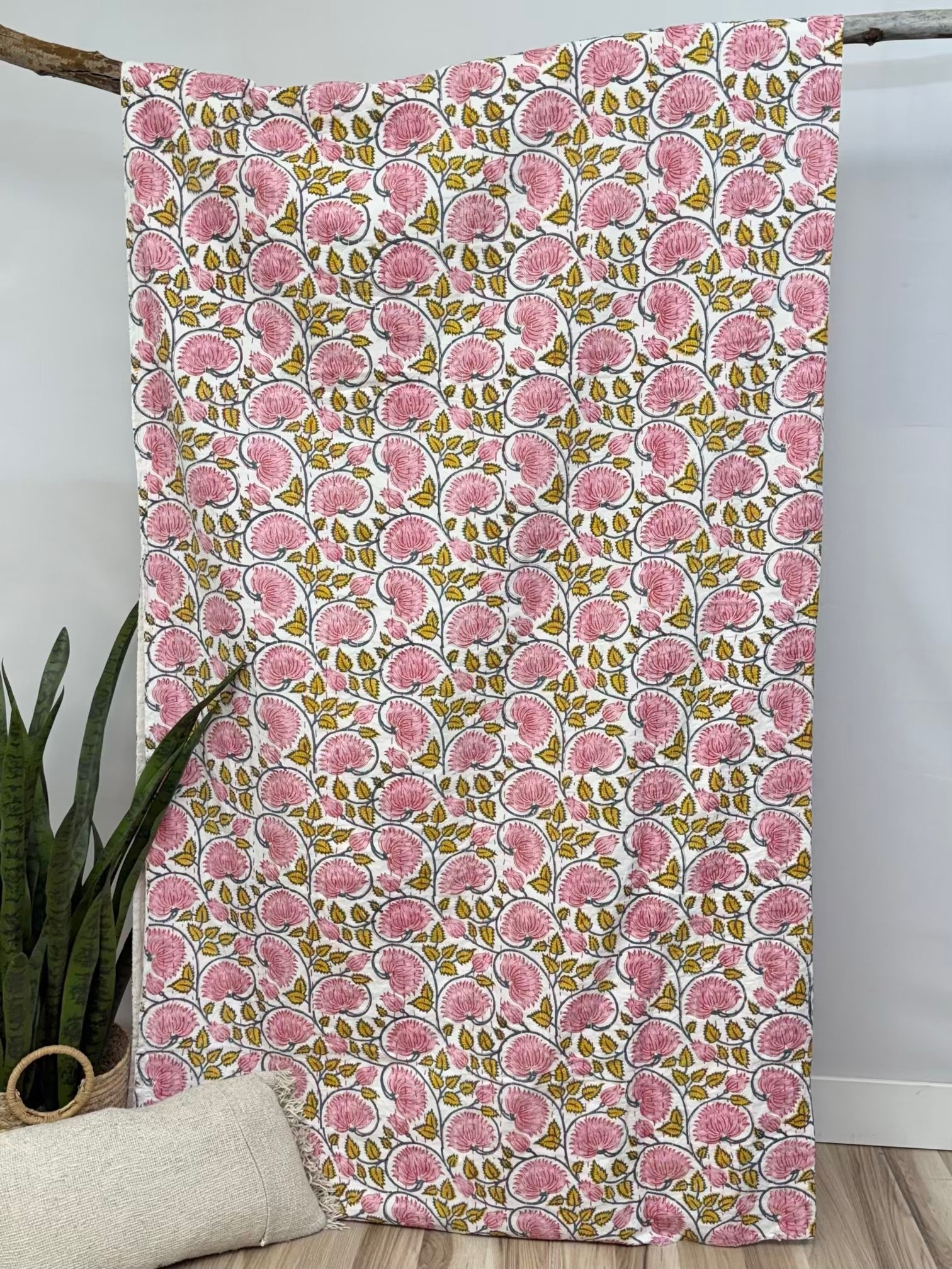 Lotus Dreams Light Block Print Cotton Kantha Quilt