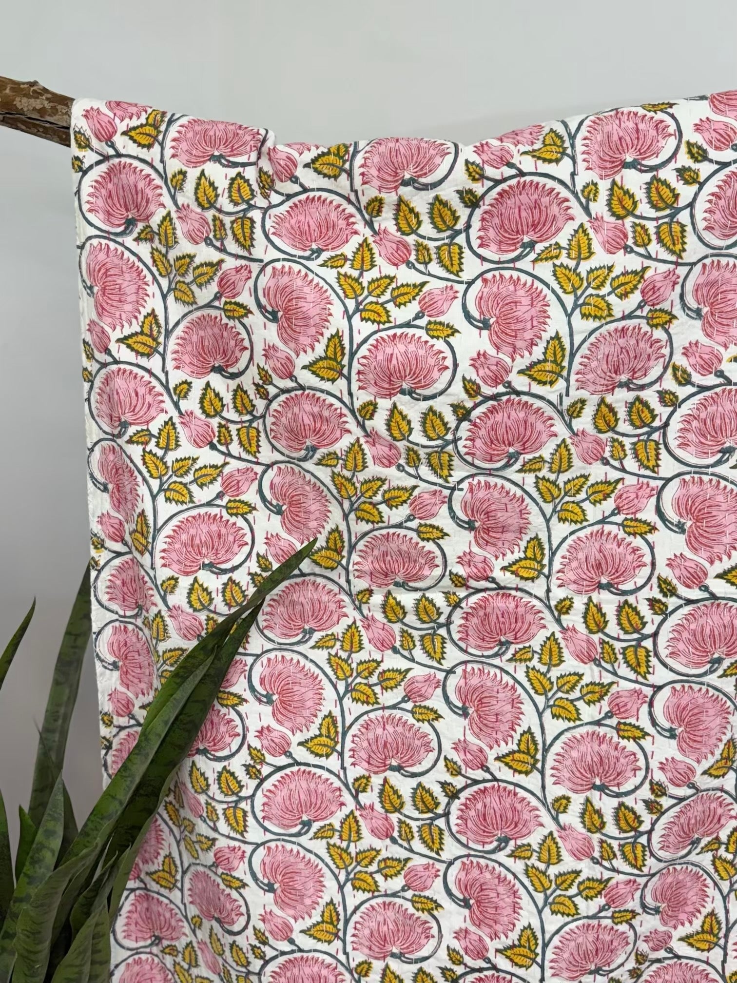 Lotus Dreams Light Block Print Cotton Kantha Quilt