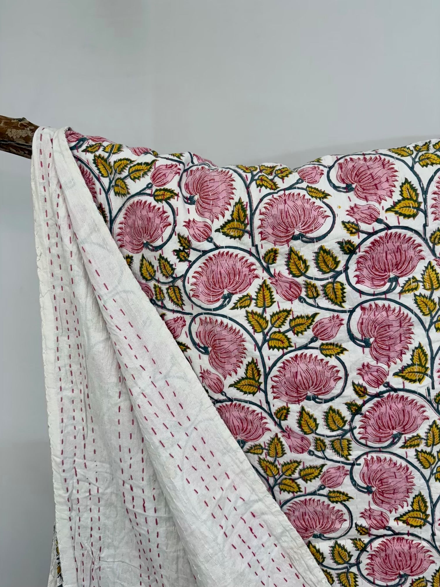 Lotus Dreams Light Block Print Cotton Kantha Quilt