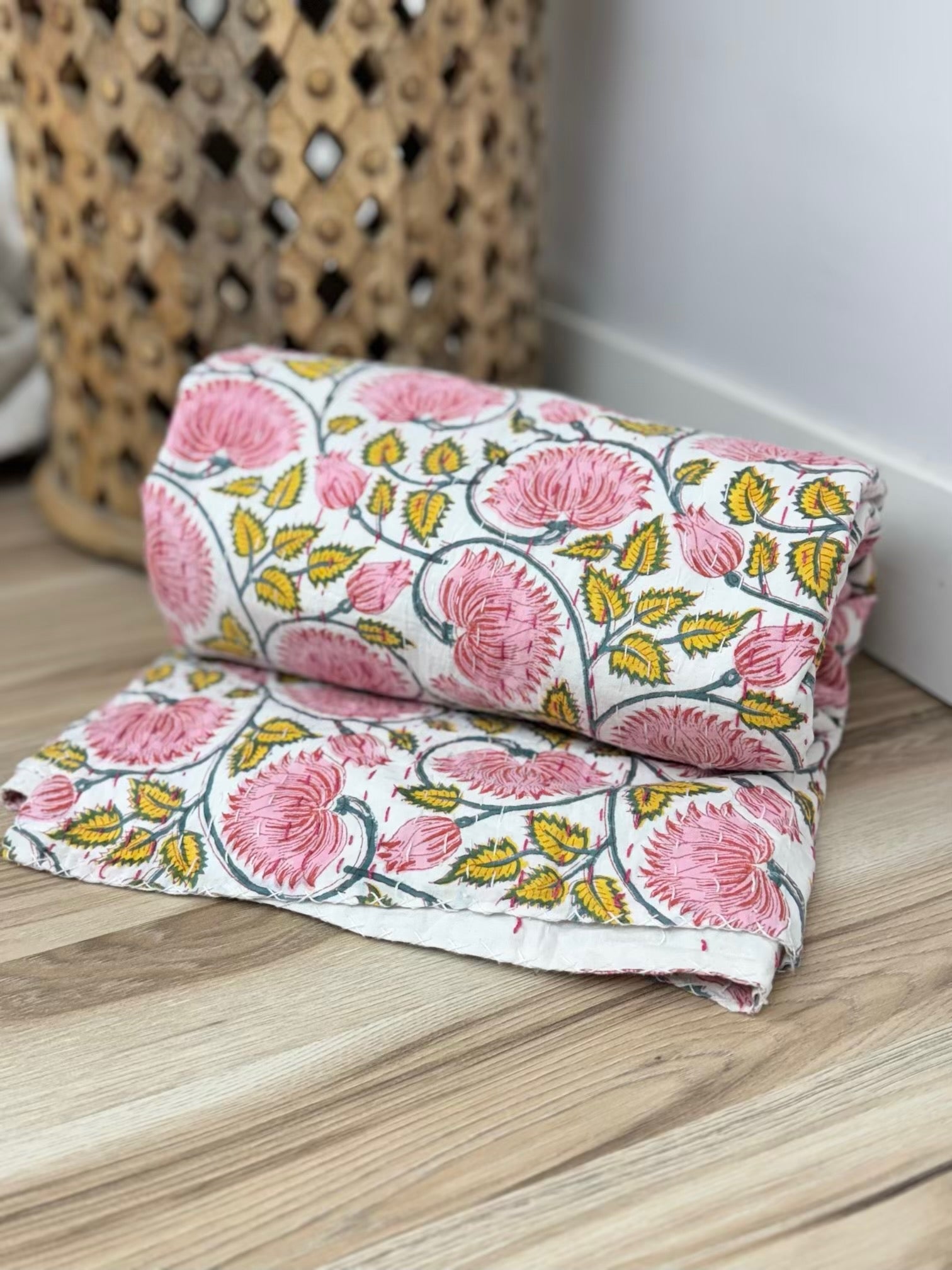 Lotus Dreams Light Block Print Cotton Kantha Quilt