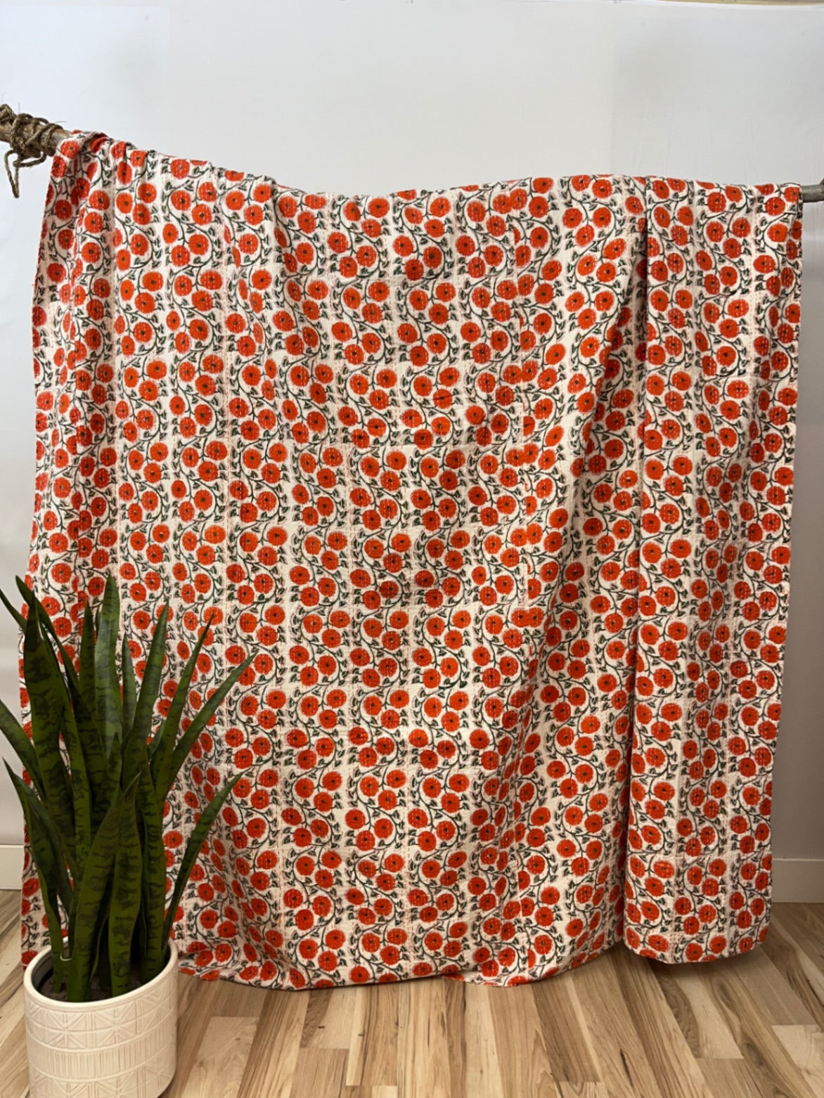 Pick Me Poppies Block Print Cotton Kantha Quilt