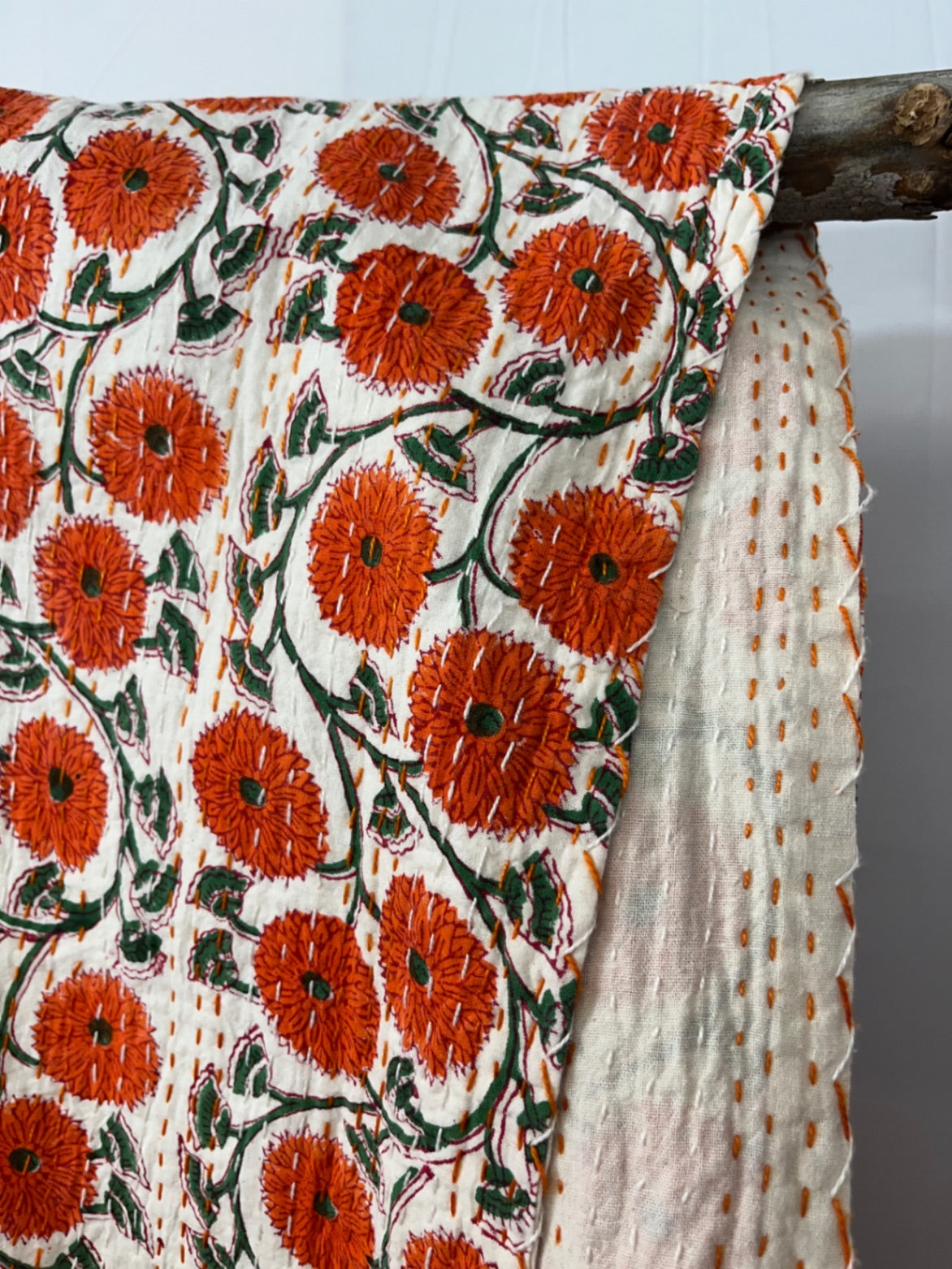 Pick Me Poppies Block Print Cotton Kantha Quilt