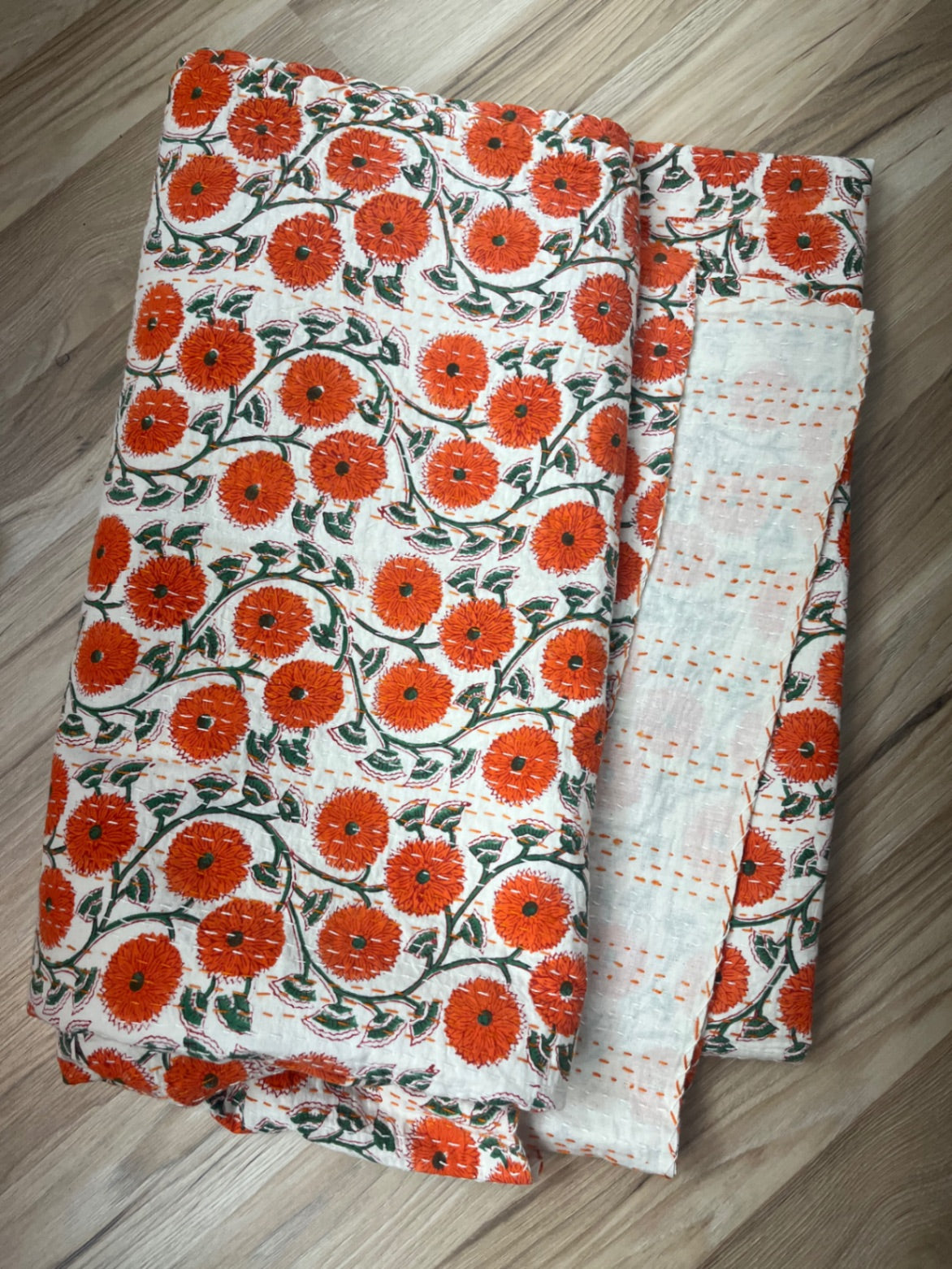 Pick Me Poppies Block Print Cotton Kantha Quilt