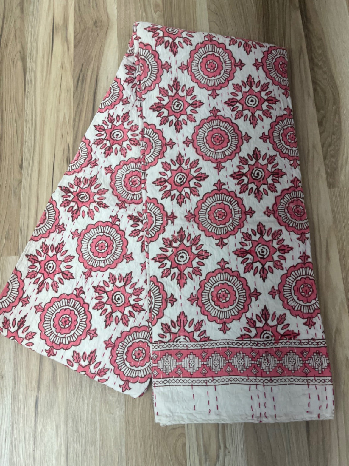Pink Burst Block Print Cotton Kantha Quilt