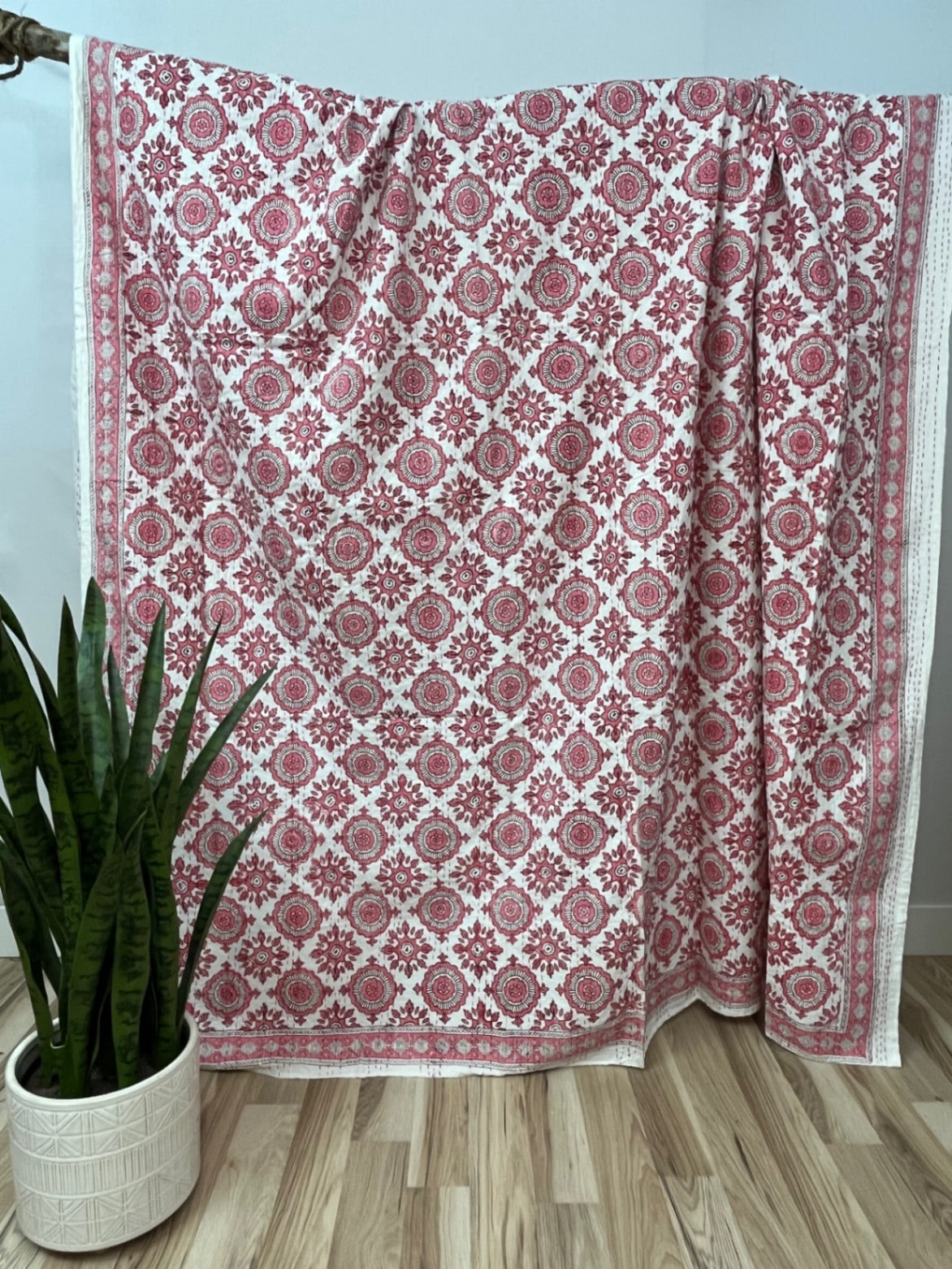 Pink Burst Block Print Cotton Kantha Quilt