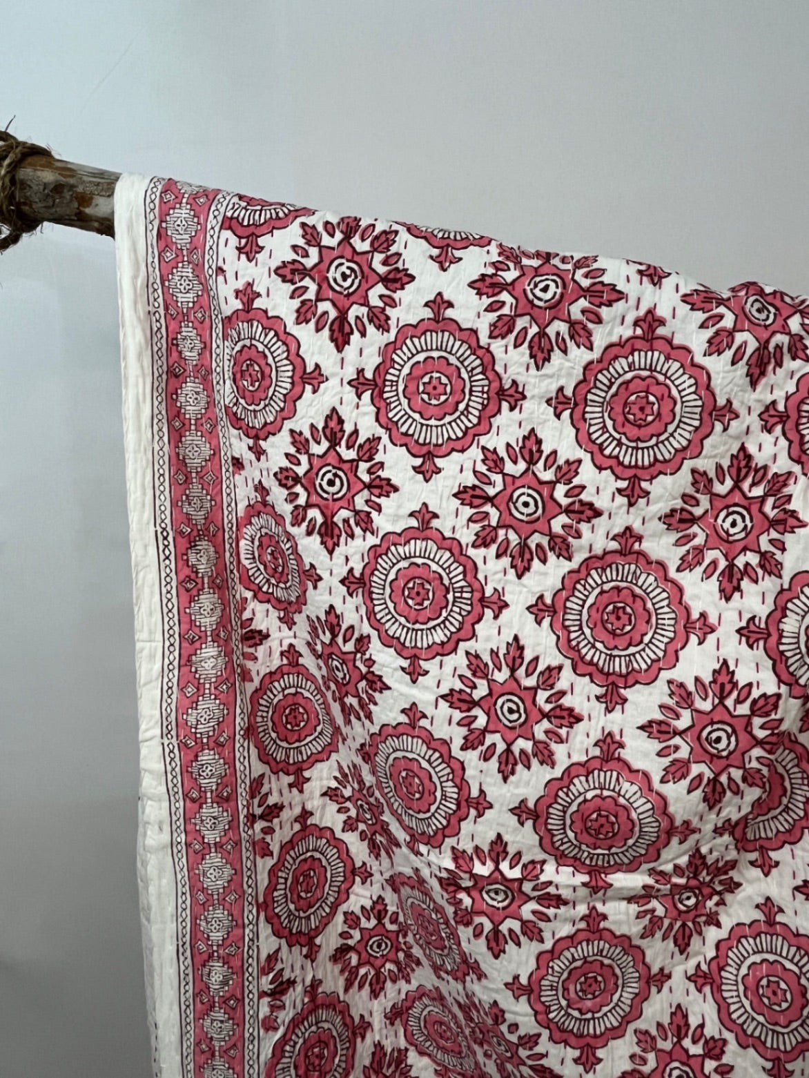 Pink Burst Block Print Cotton Kantha Quilt