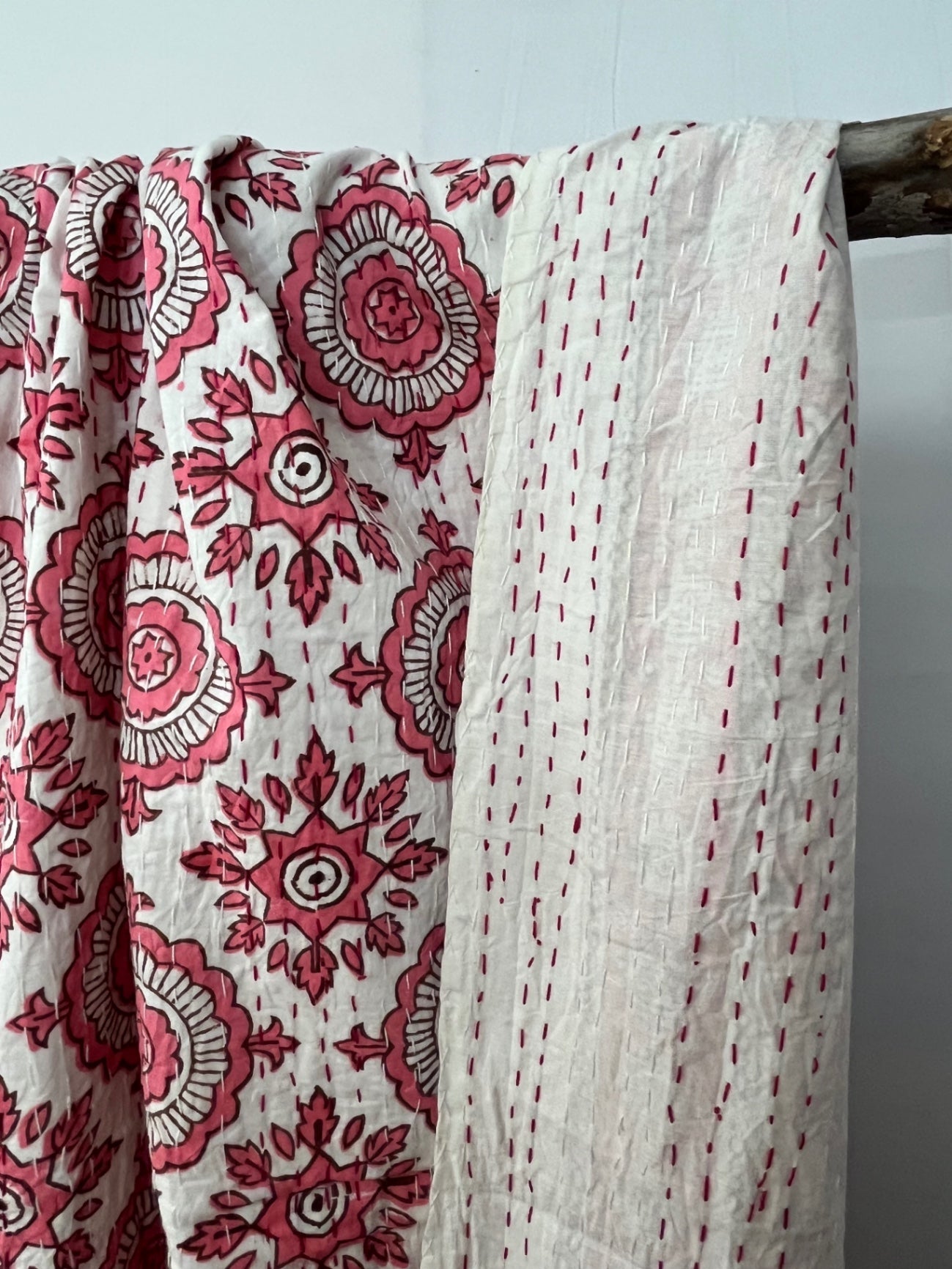 Pink Burst Block Print Cotton Kantha Quilt
