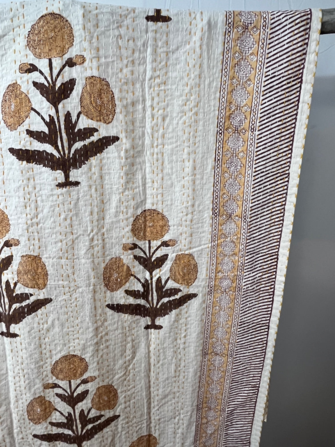 Saffron Fields Block Print Cotton Kantha Quilt